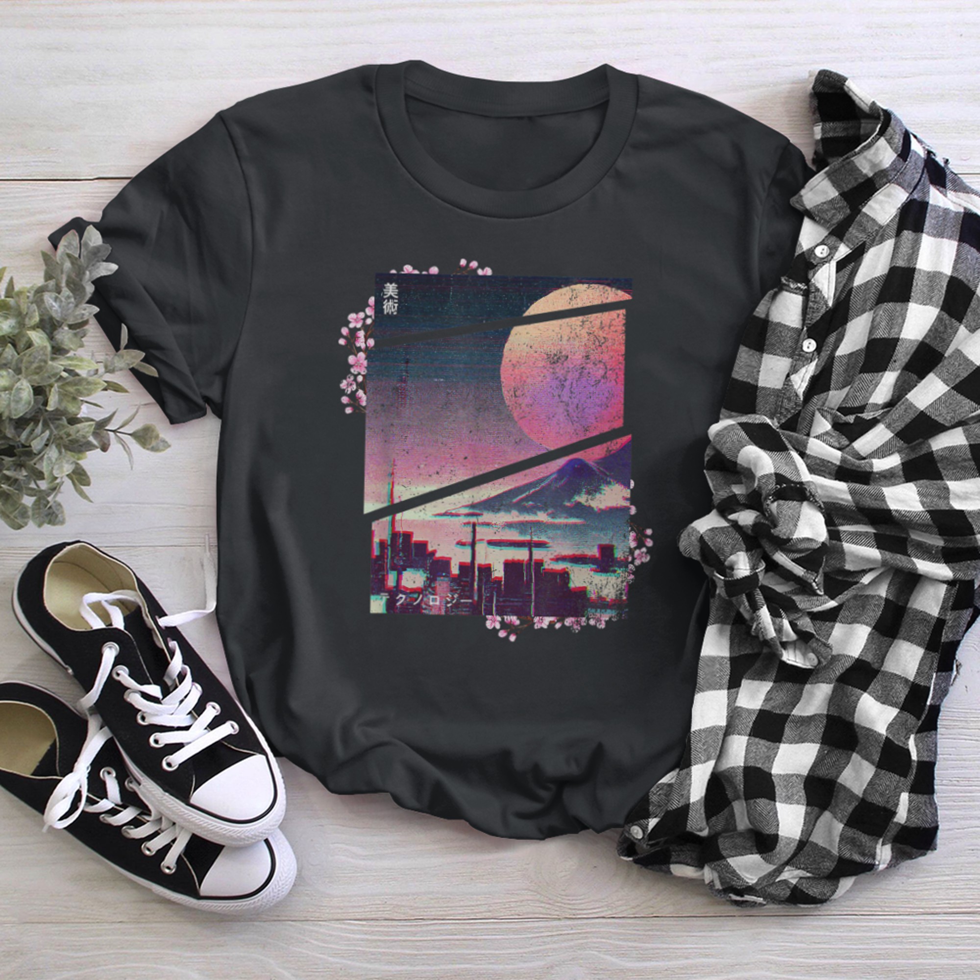 Retrowave roots of tree indie life and Lofi japan aesthetic (2) t-shirt black