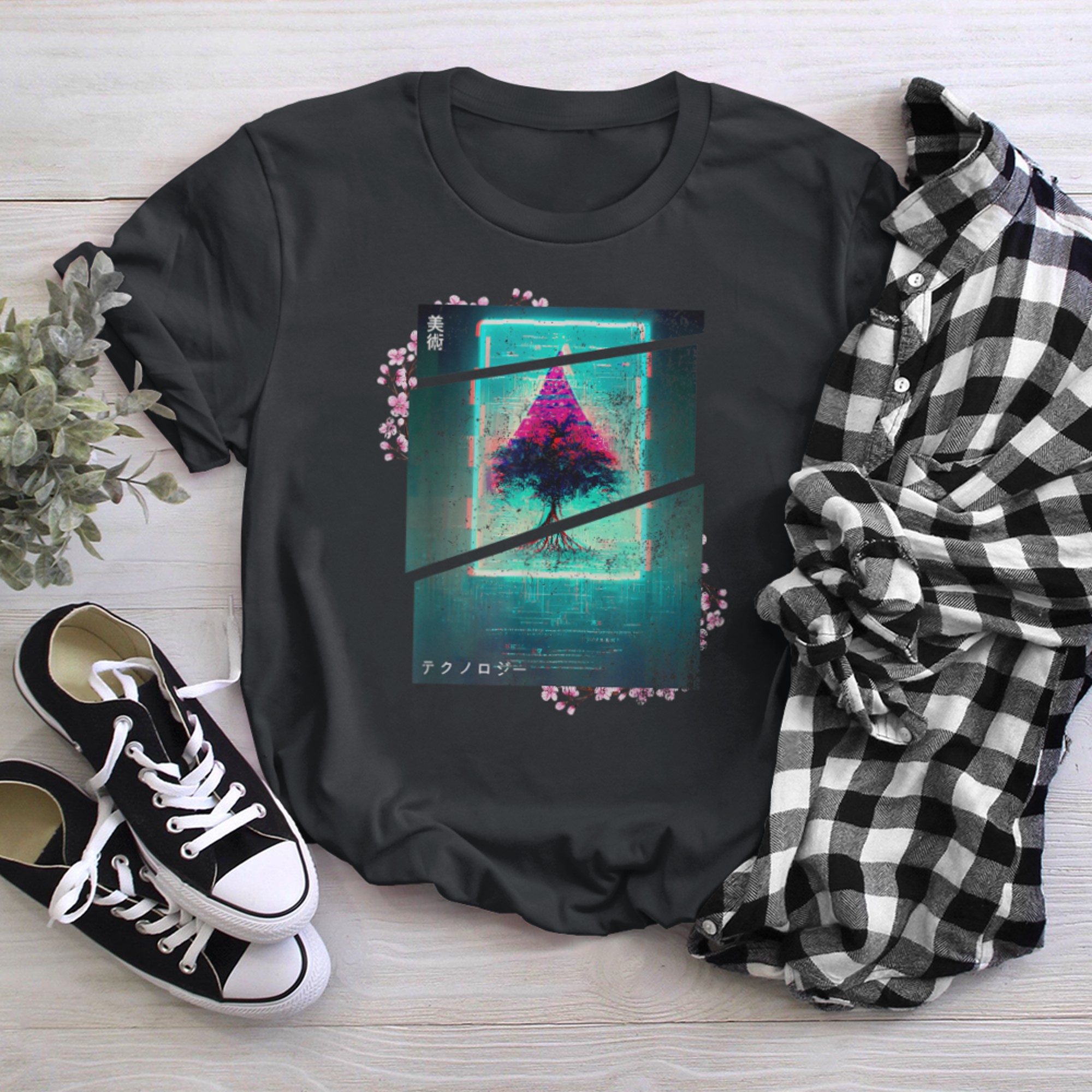 Retrowave roots of tree indie life and Lofi japan aesthetic (3) t-shirt black