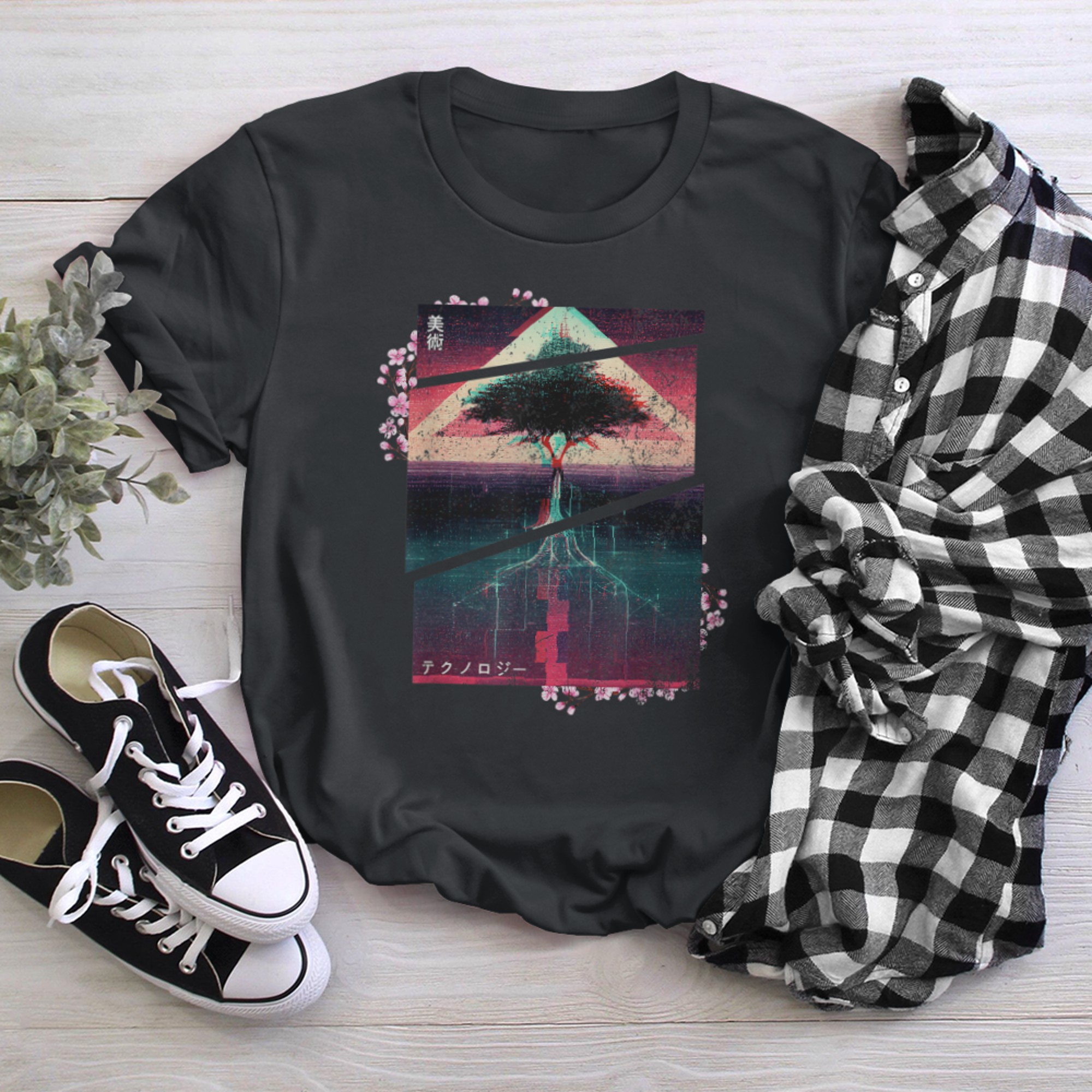 Retrowave roots of tree indie life and Lofi japan aesthetic (5) t-shirt black