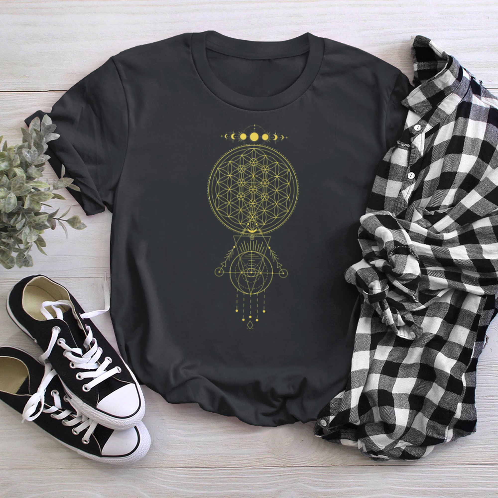 Sacred Geometry of flower and tree of life t-shirt black