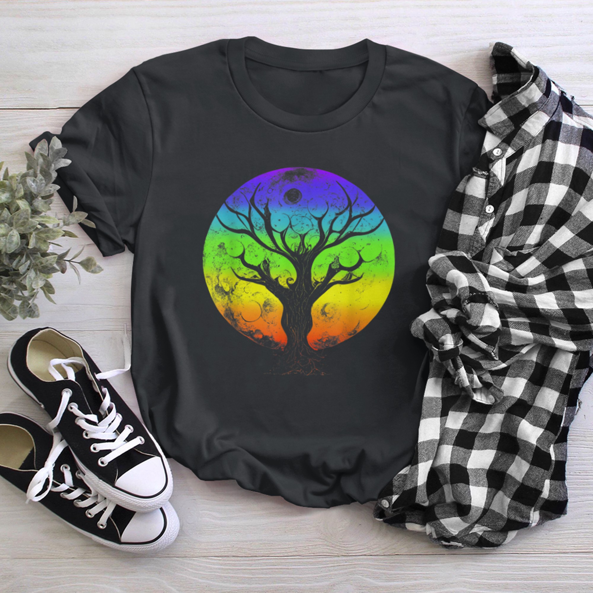 Sacred Tree of Life Moon Chakra Colors t-shirt black