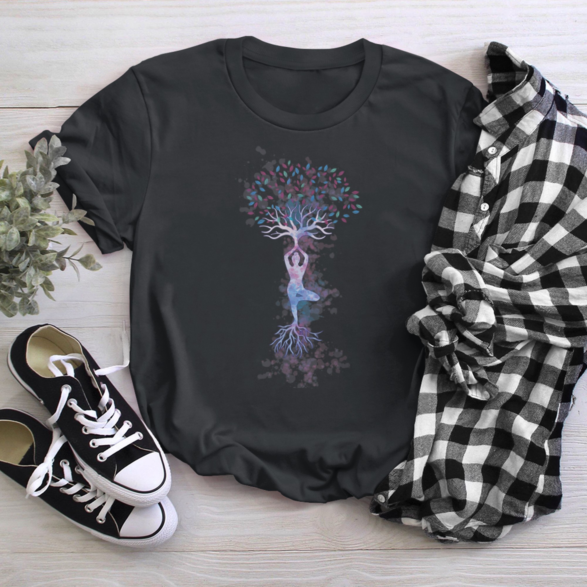 Sports, gymnastics, yoga, colourful tree of life t-shirt black