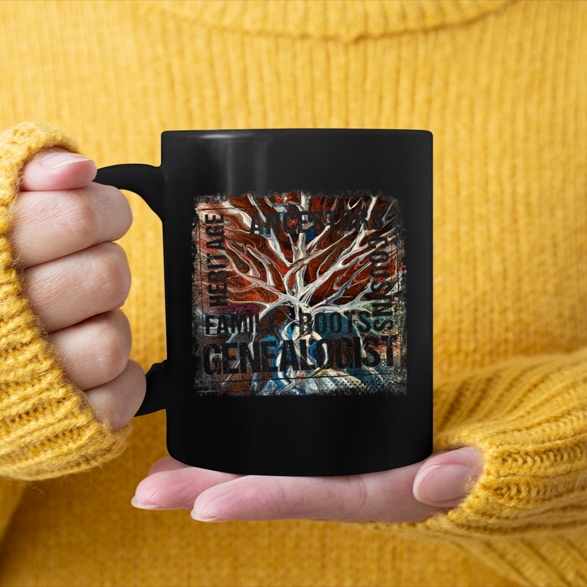 Genealogy Grunge Art Tree of Life Genealogist Men Women mug black