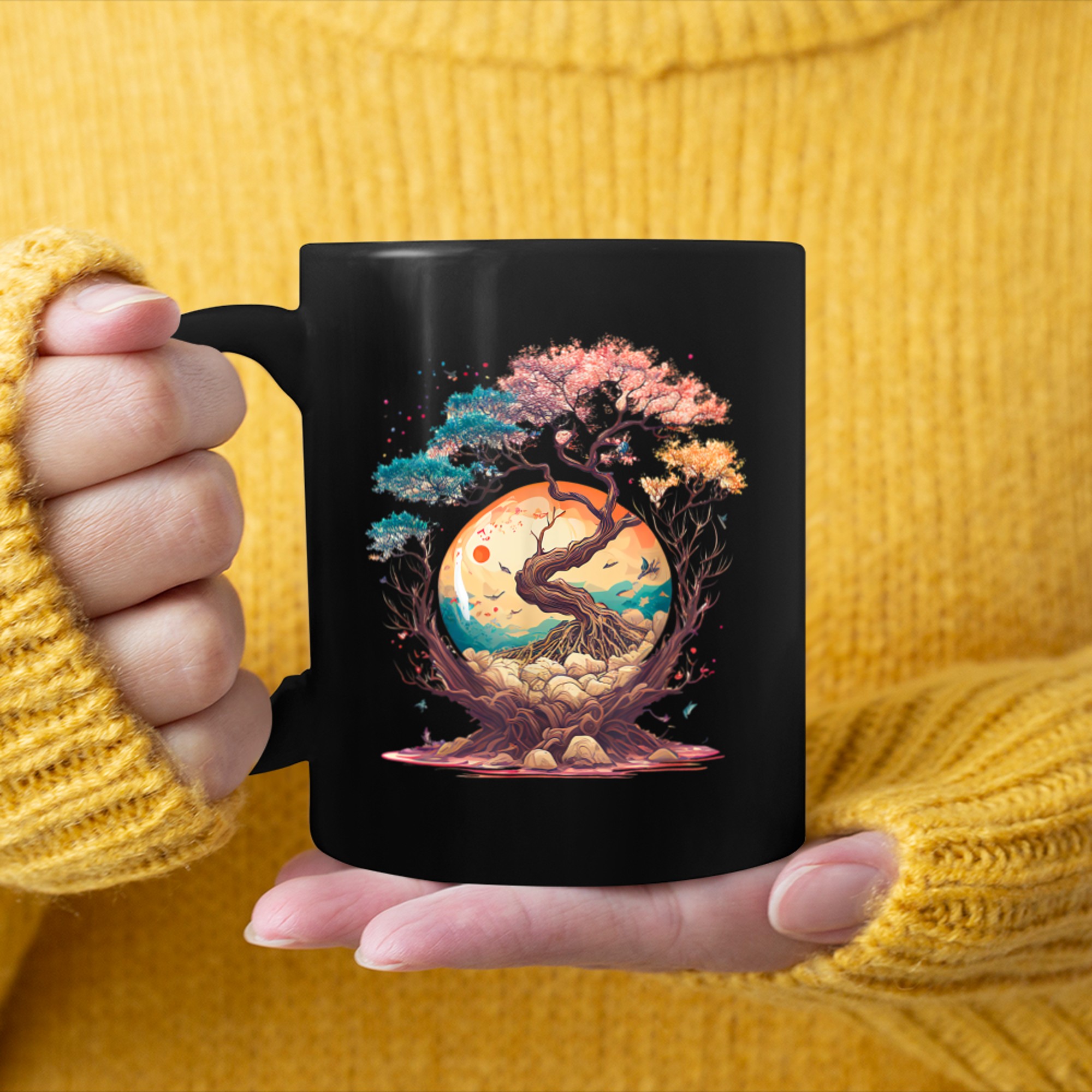 Japanese tree of life cherry blossom flowers Japan Style (1) mug black