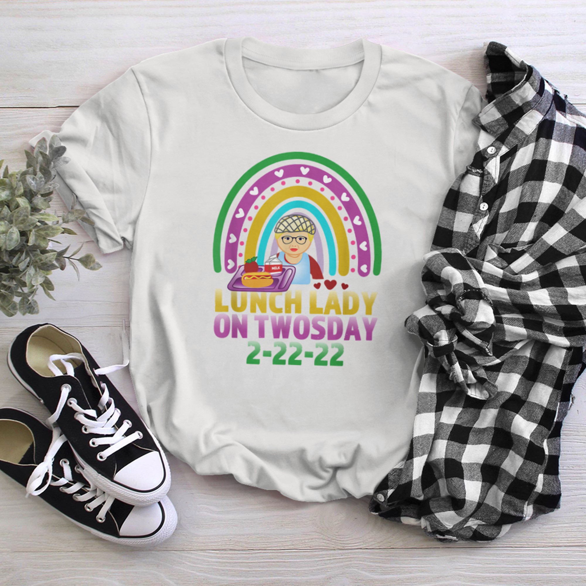 Lunch Lady On twosday Shirt 2-22-Rainbow Cafeteria Crew (1) t-shirt White