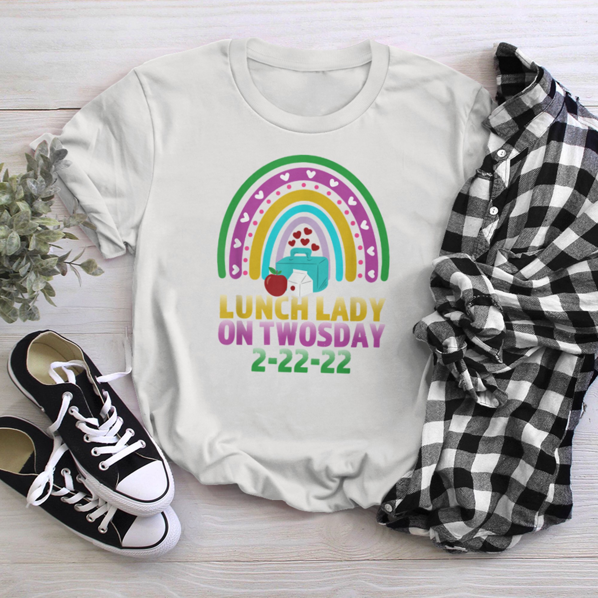 Lunch Lady On twosday Shirt 2-22-Rainbow Cafeteria Crew t-shirt White