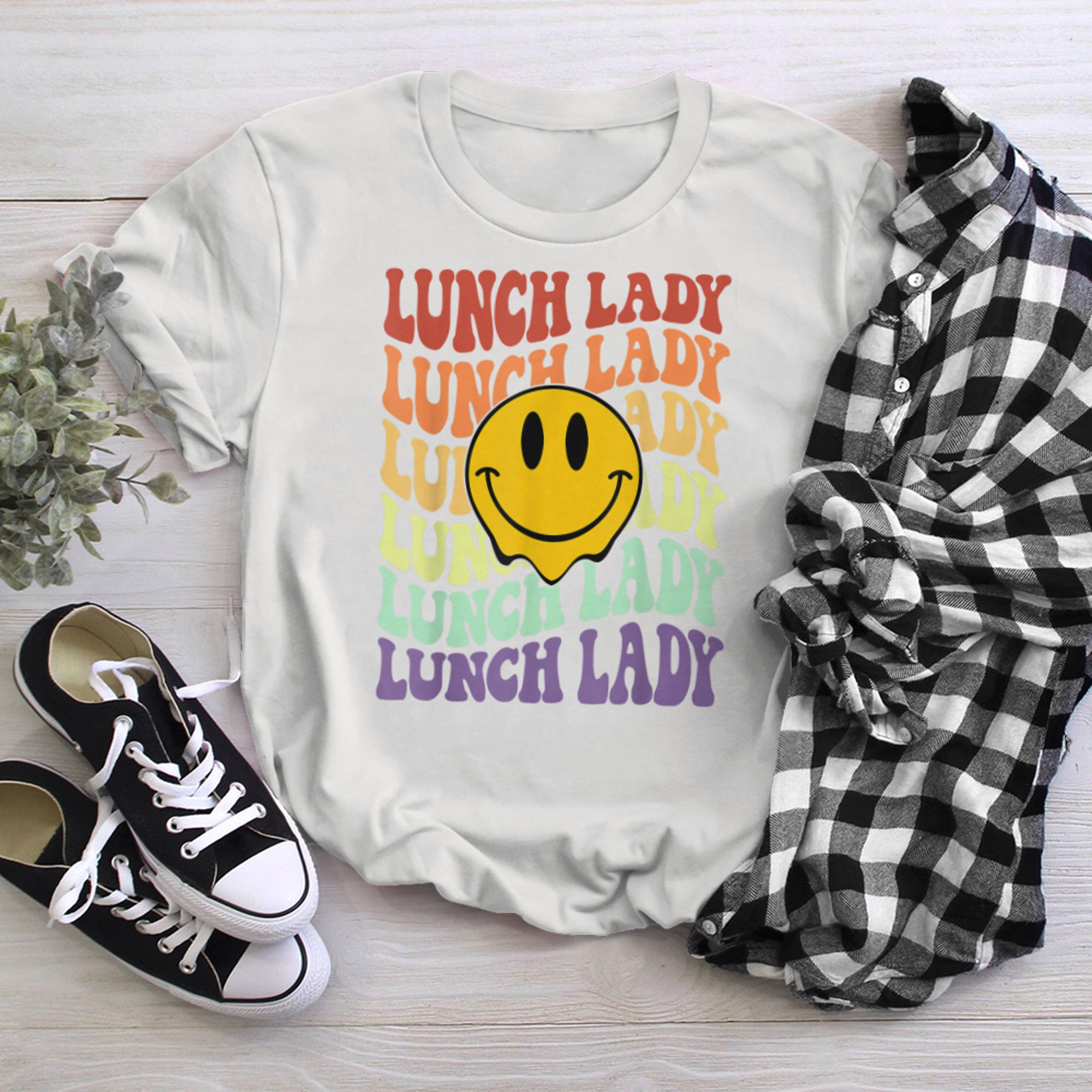 lunch lady retro smile face back to school Cafeteria crew (1) t-shirt White