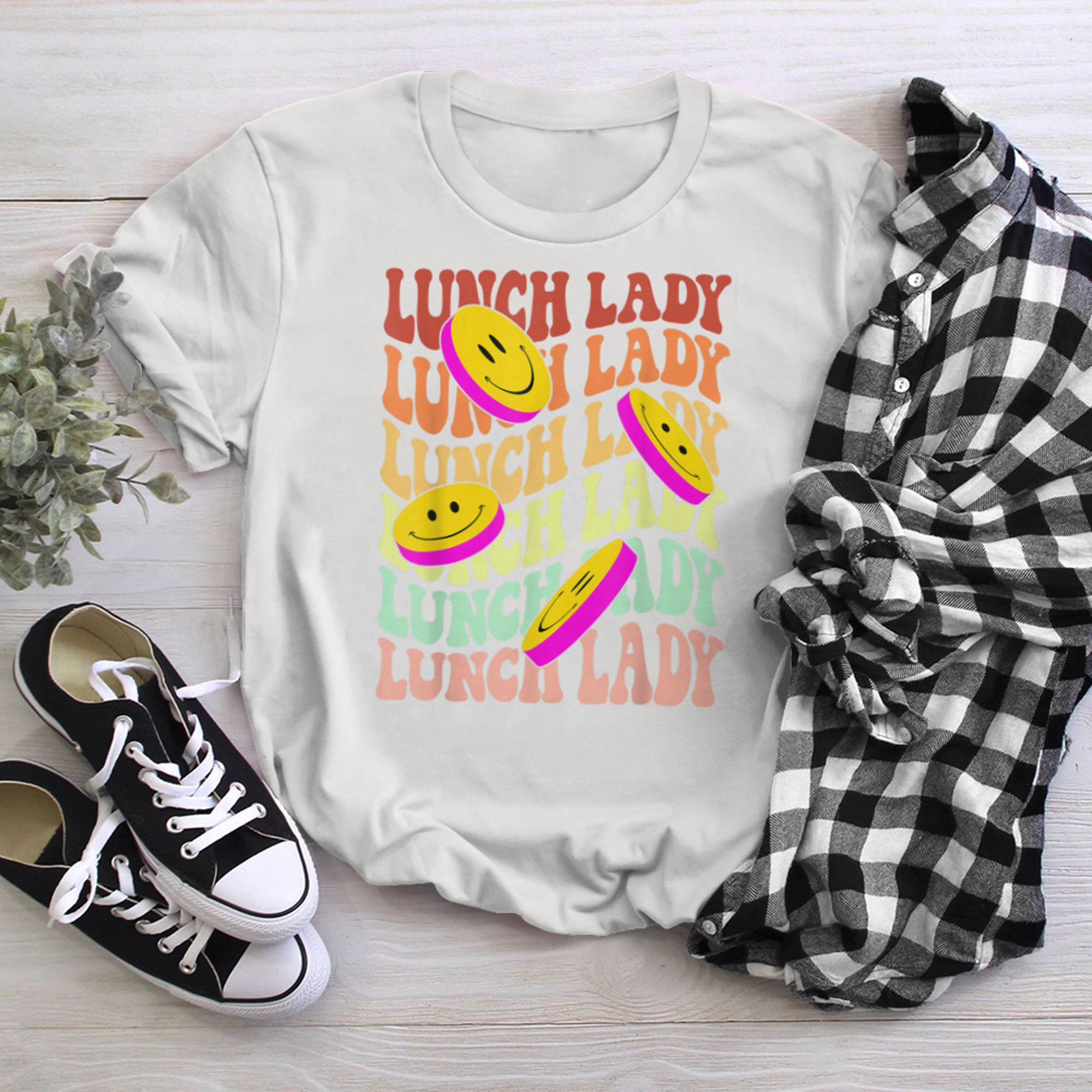 lunch lady retro smile face back to school Cafeteria crew (4) t-shirt White