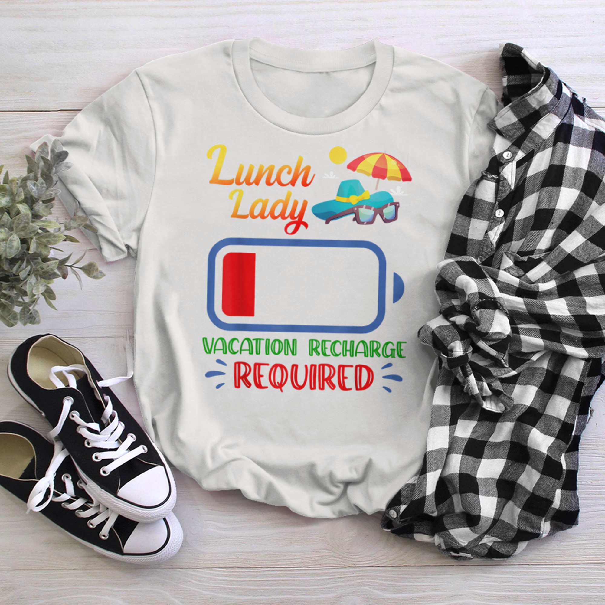 Lunch Lady Squad Funny Vacation Battery Recharge Required t-shirt White