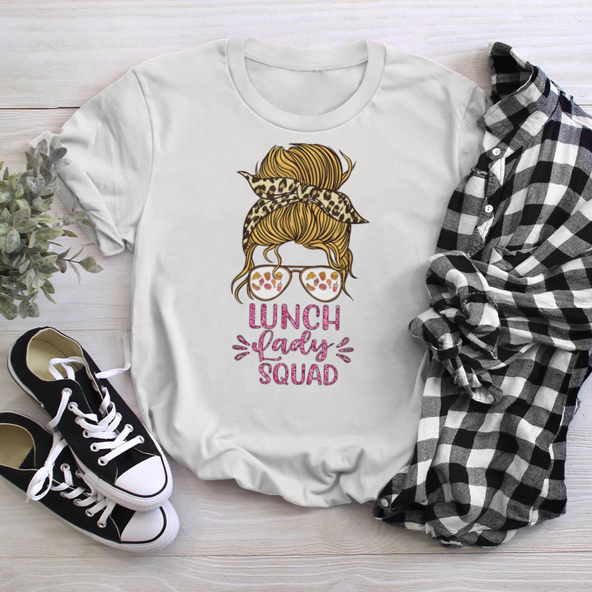 Lunch Lady Squad Messy Bun Hair Cafeteria Crew leopard Women t-shirt White