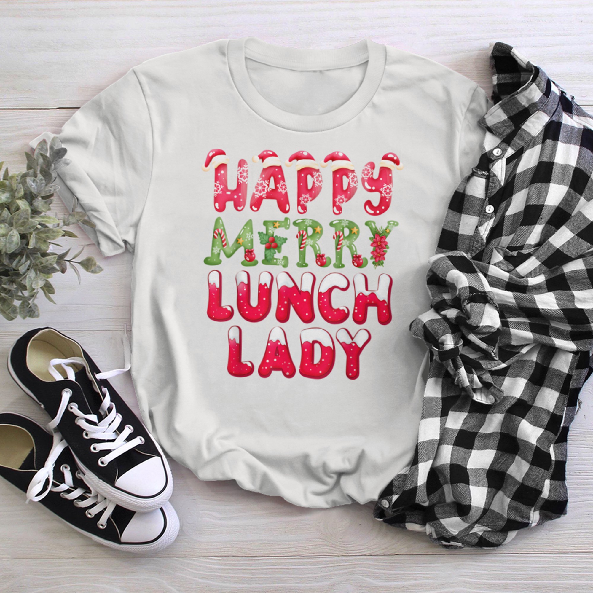 Merry Happy Lunch Lady New Year Christmas Cafeteria Crew (1) t-shirt White