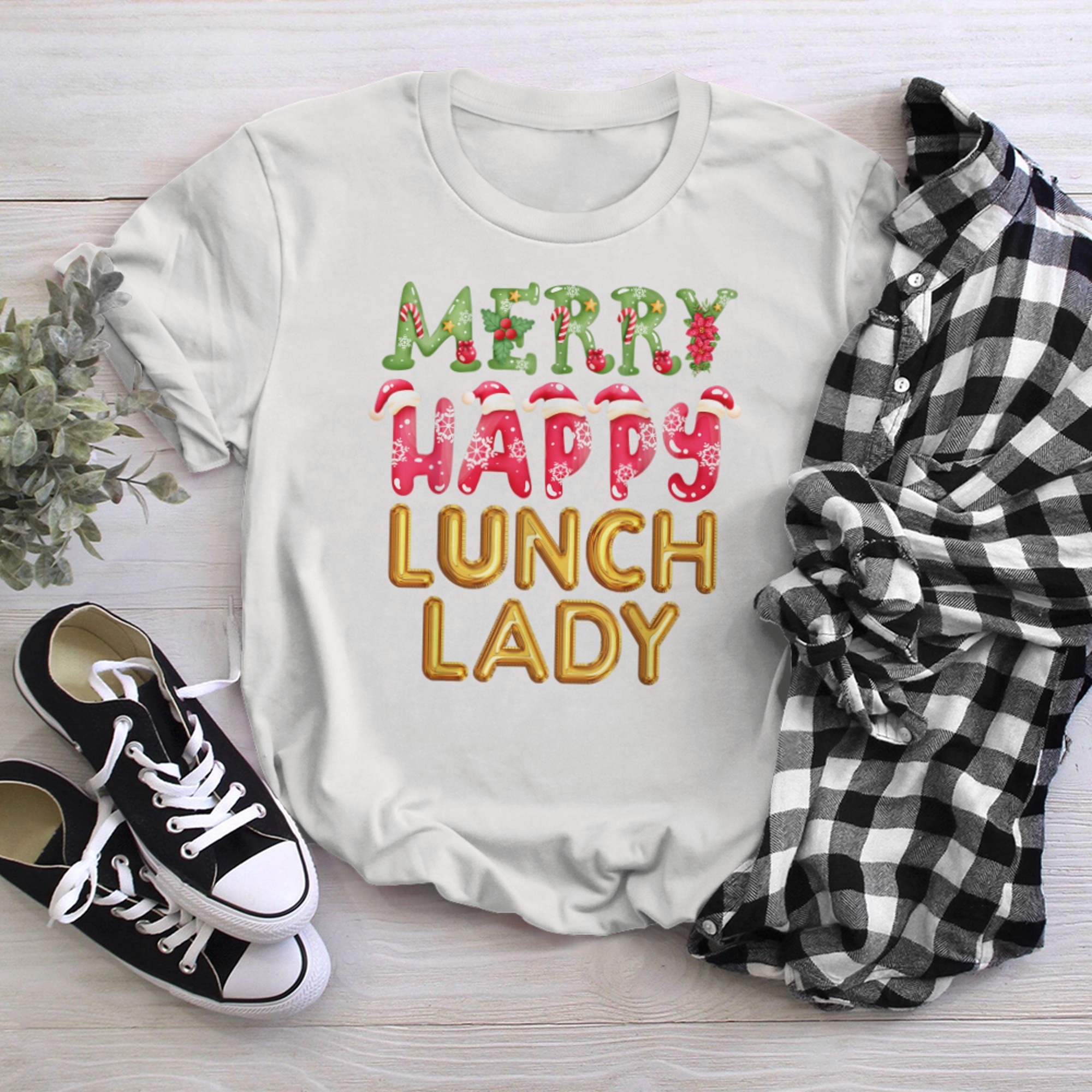 Merry Happy Lunch Lady New Year Christmas Cafeteria Crew (3) t-shirt White