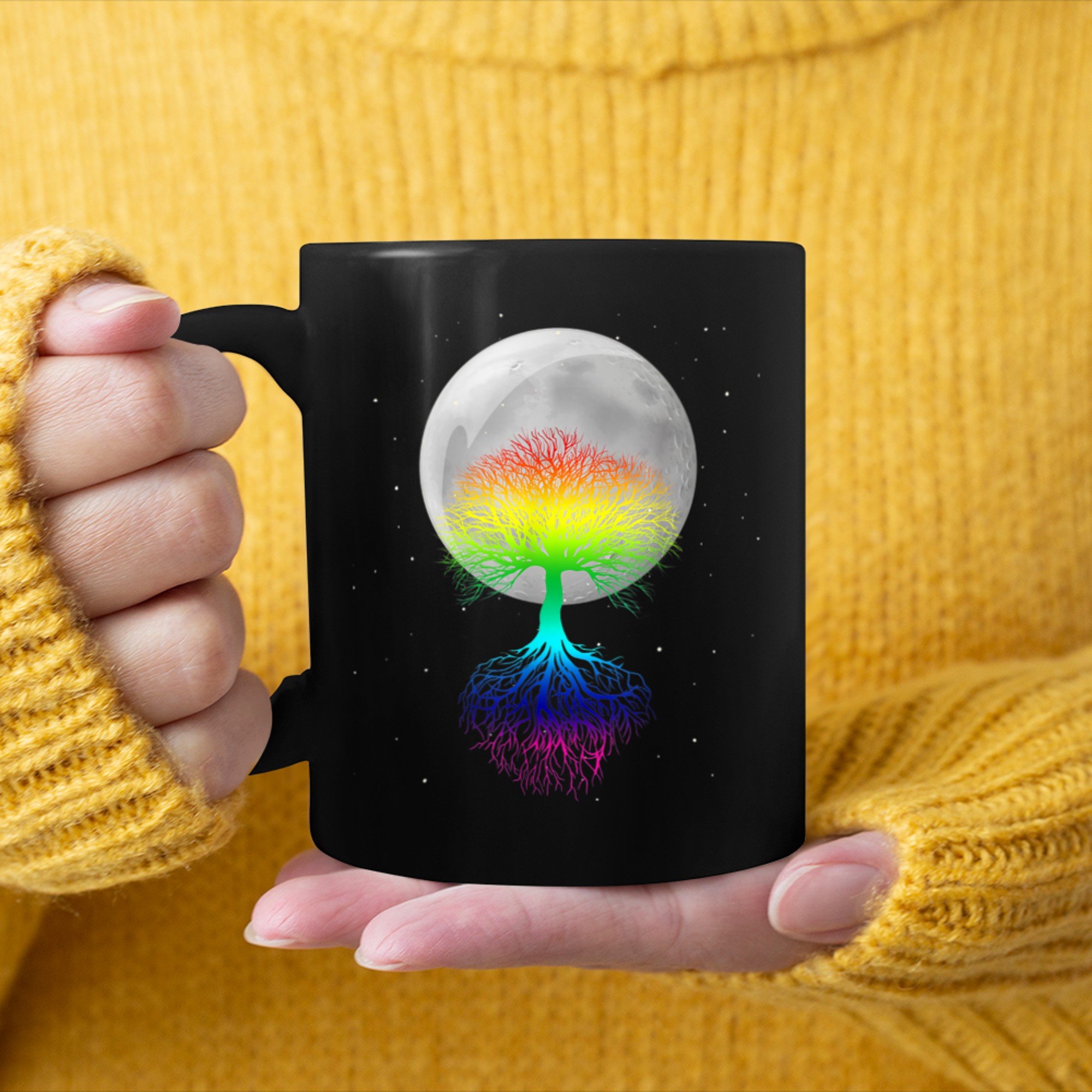 Moon, lunar calendar, night sky, tree of life, full moon mug black