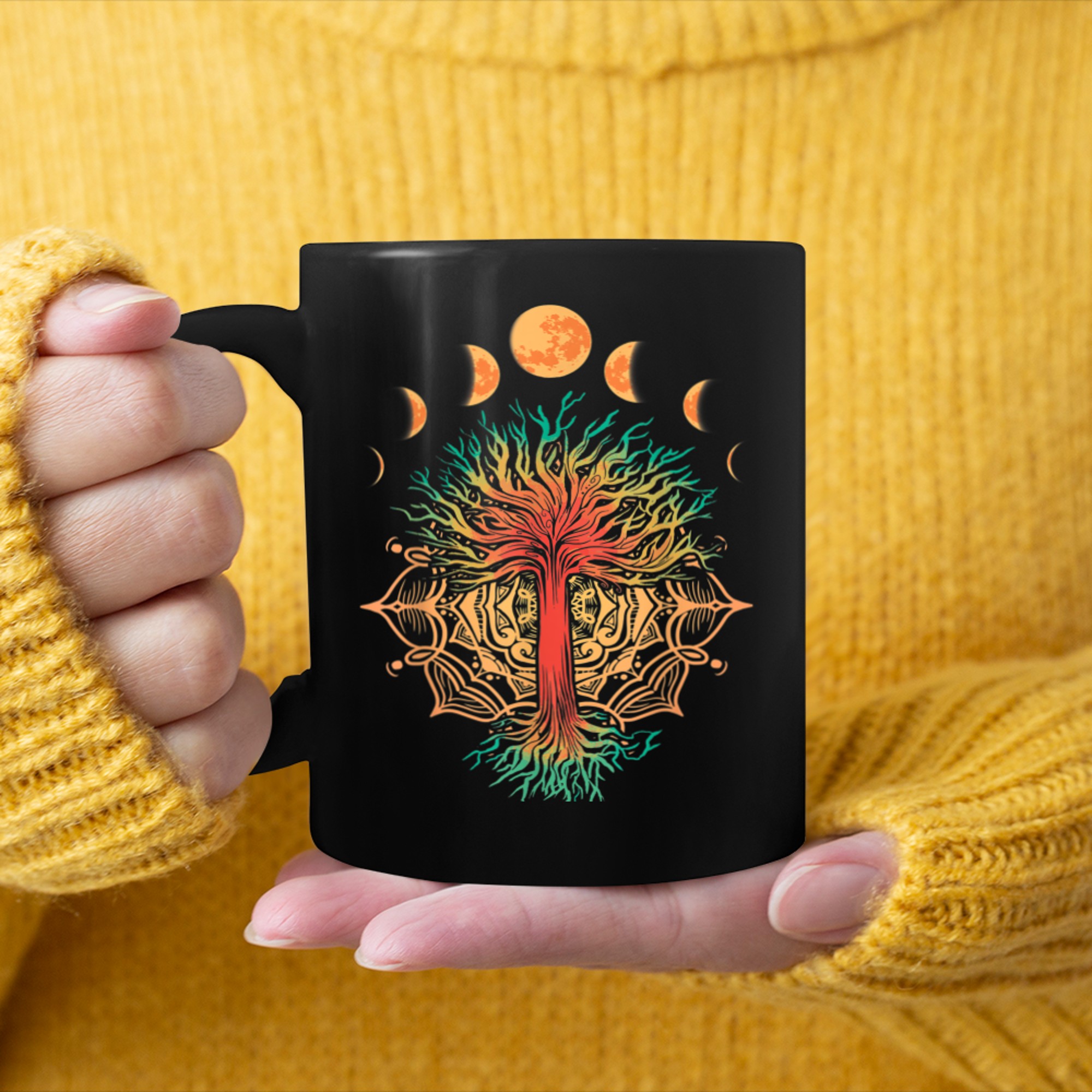 Moon Phases Tree of Life Retro Yoga Meditation Men women mug black