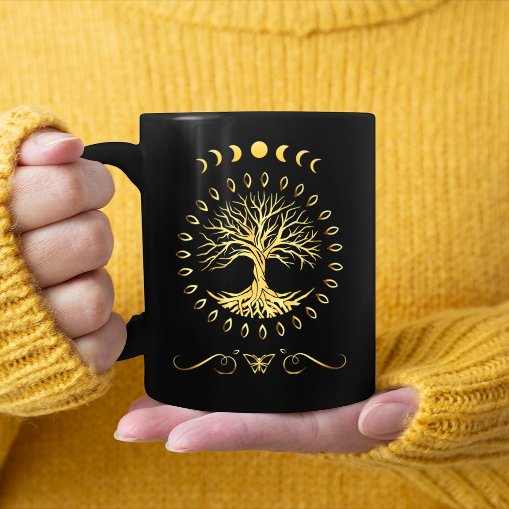 Moon Phases Tree of Mystical Life Yoga Meditation Backprint mug black