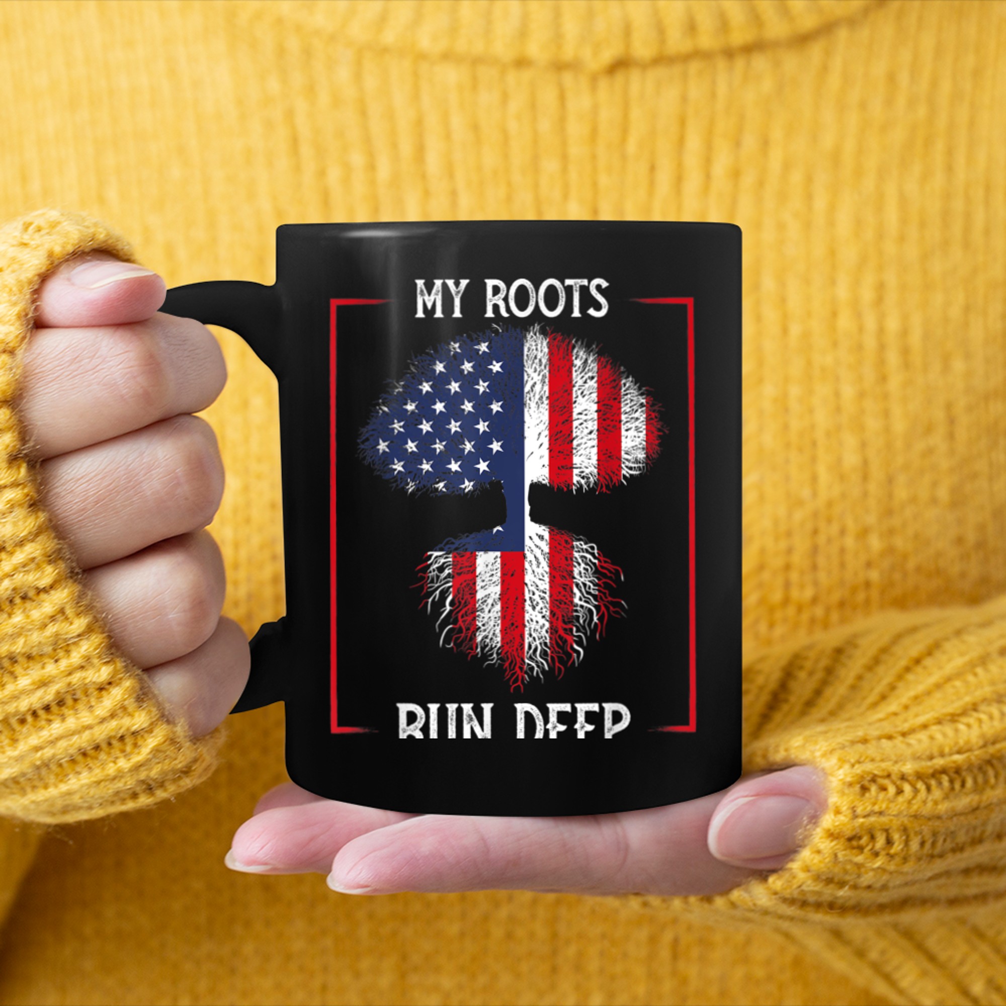 My Roots Run Deep USA American Stars and Stripes mug black