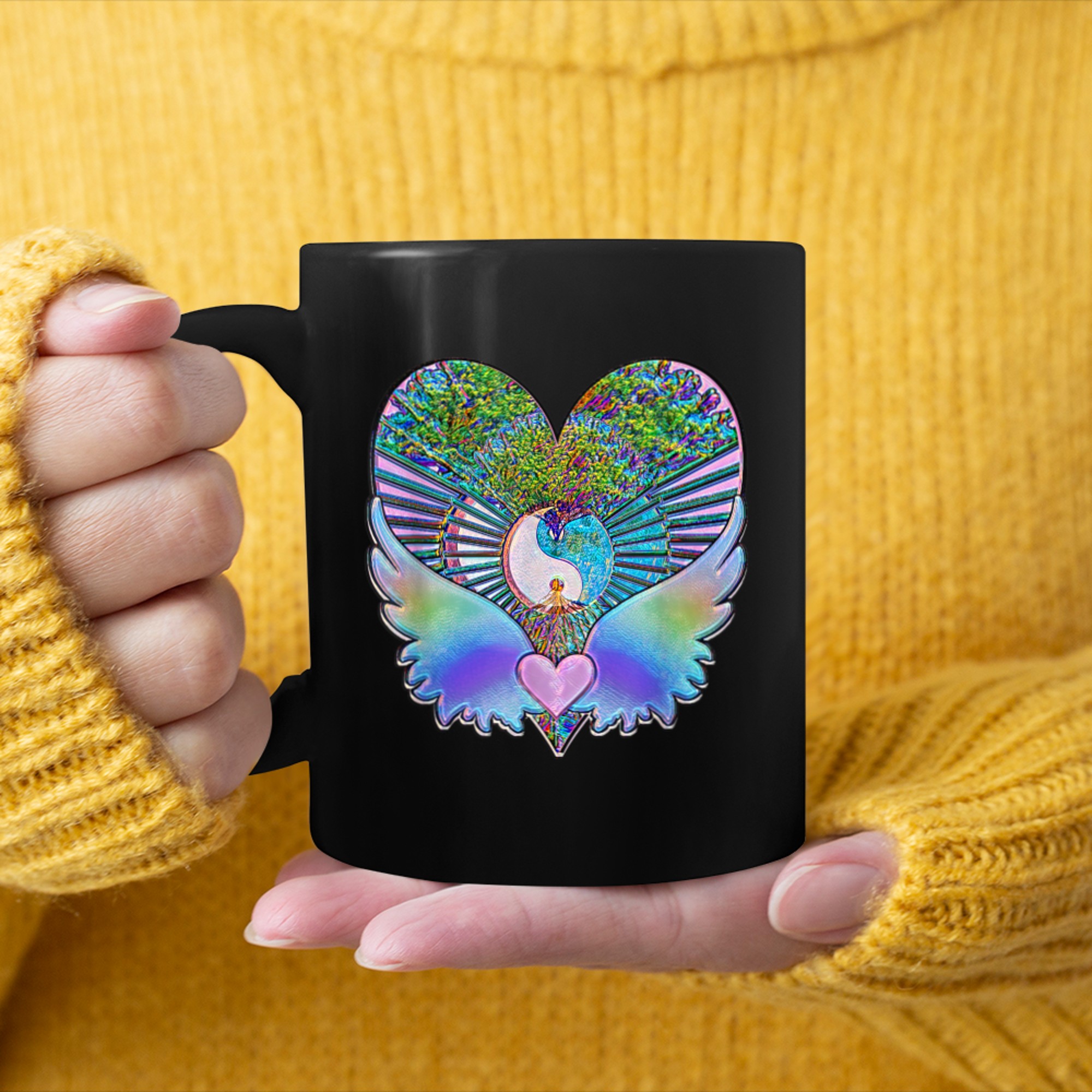 Rainbow Heart with Angel Wings Tree of Life Yin Yang mug black