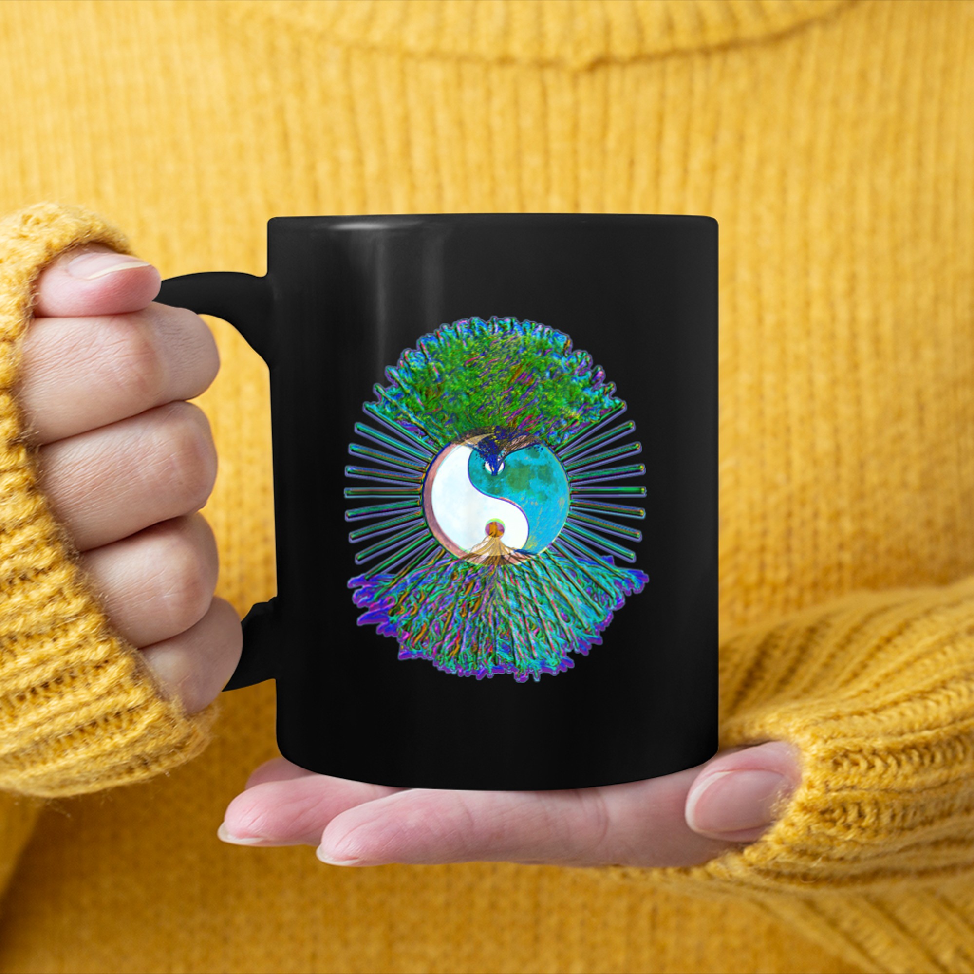 Rainbow Tree of Life with Yin Yang mug black