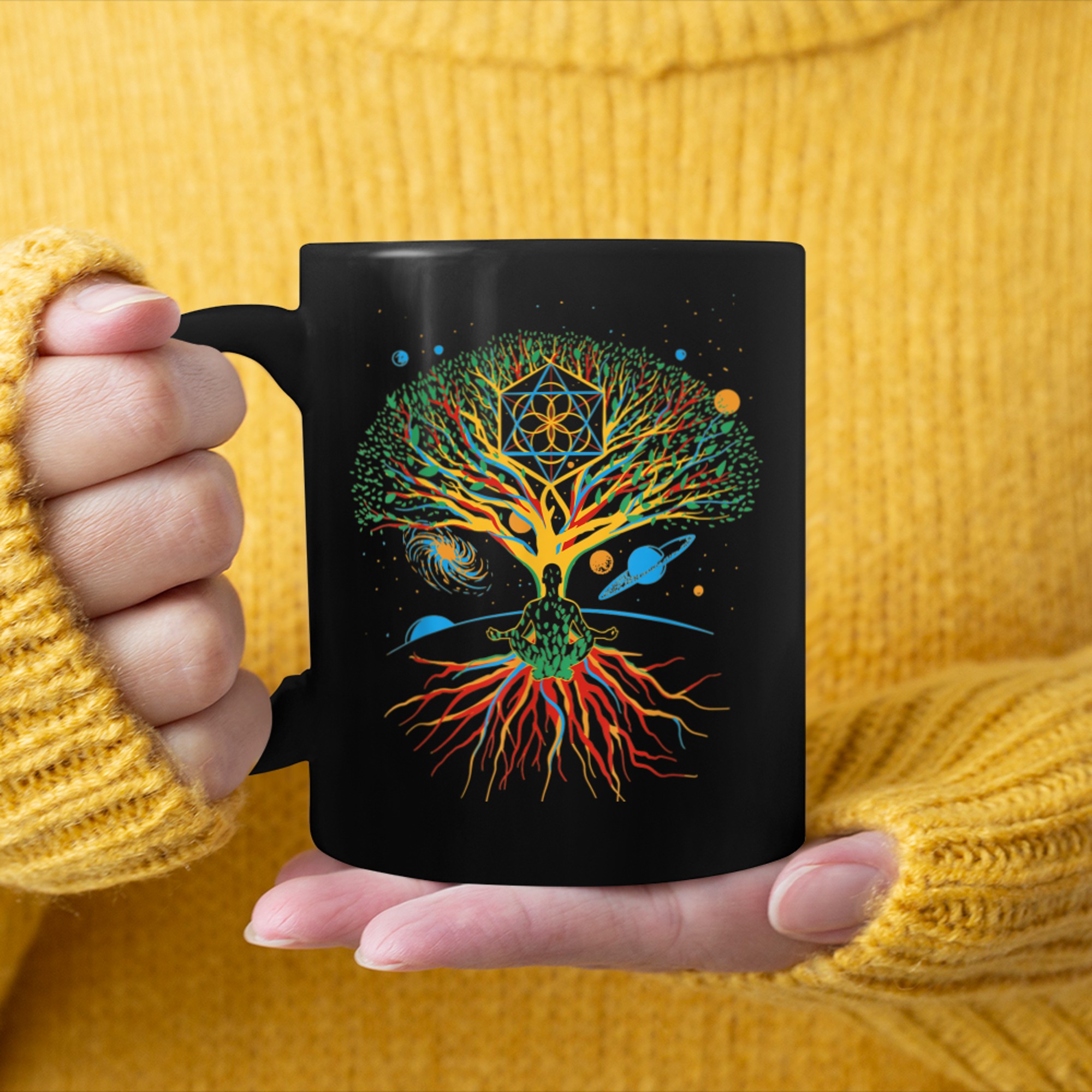 Relaxation Under The Tree Of Life, Planet, Universe mug black