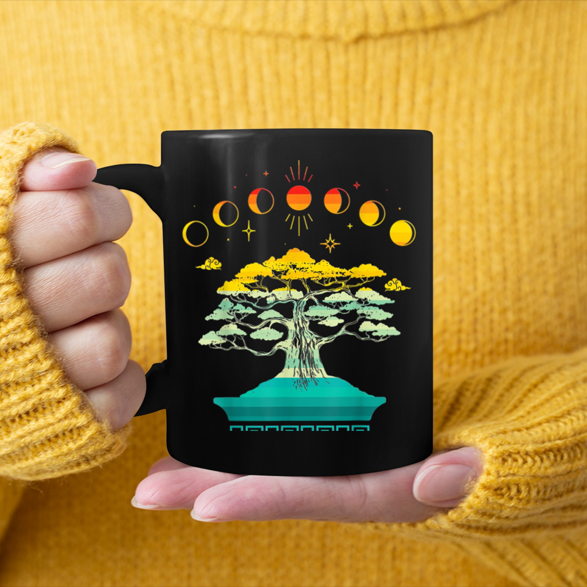 Retro moon phases tree of life vintage zen bonsai tree mug black