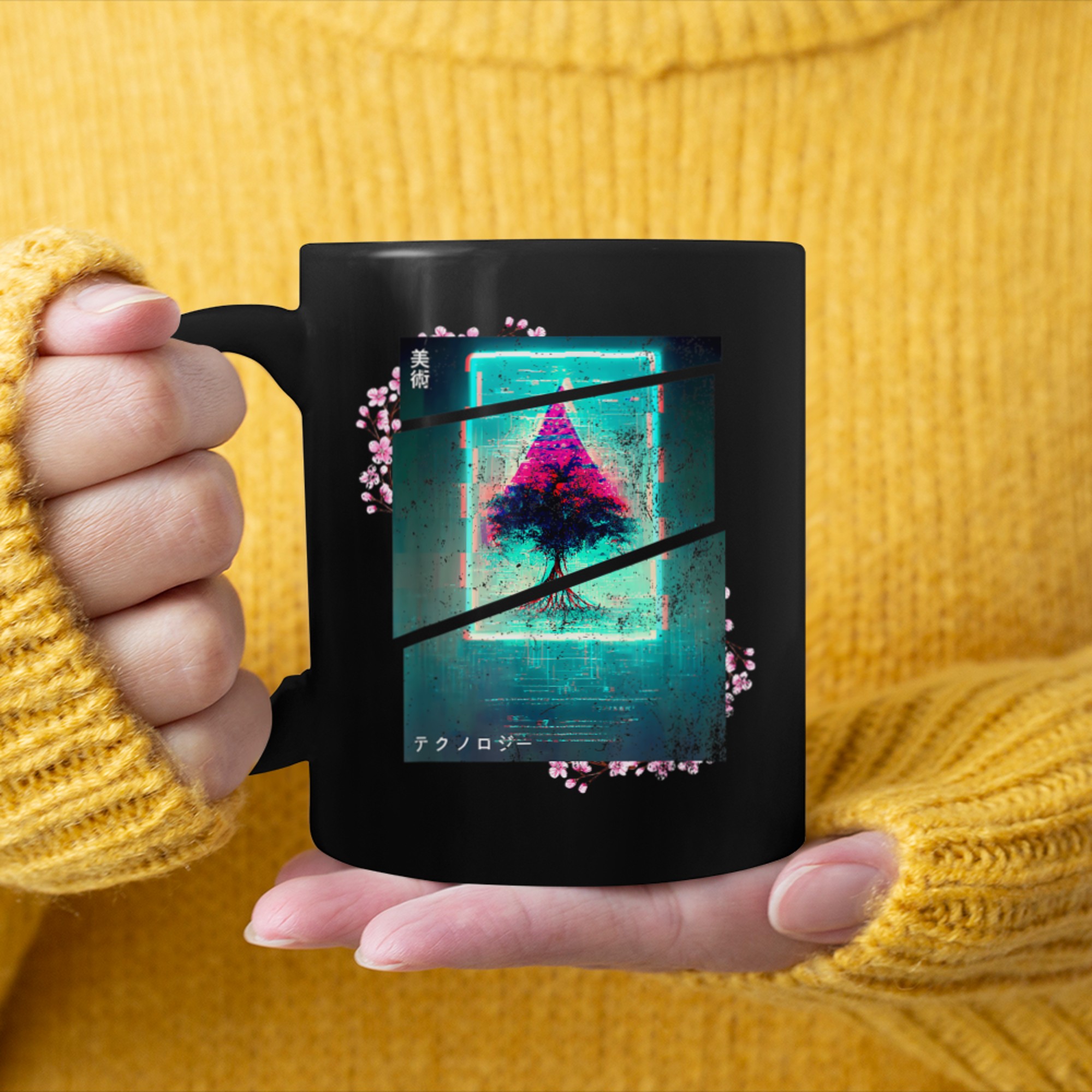 Retrowave roots of tree indie life and Lofi japan aesthetic (3) mug black