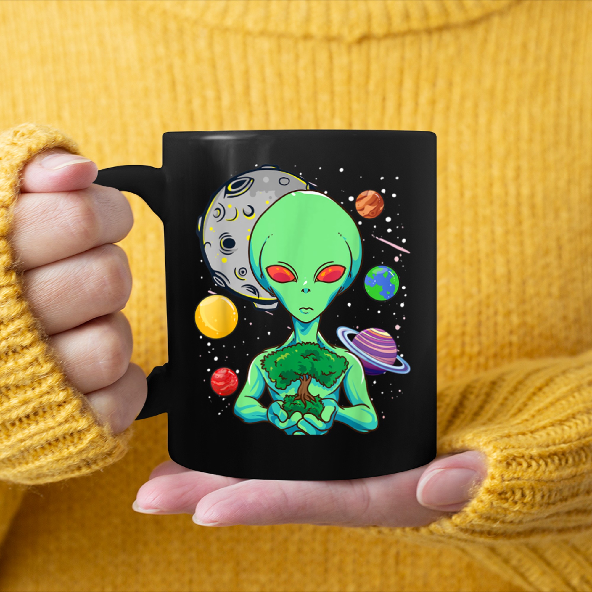 Space Day Celebration Cosmic Alien Tree Of Life Earth Day mug black