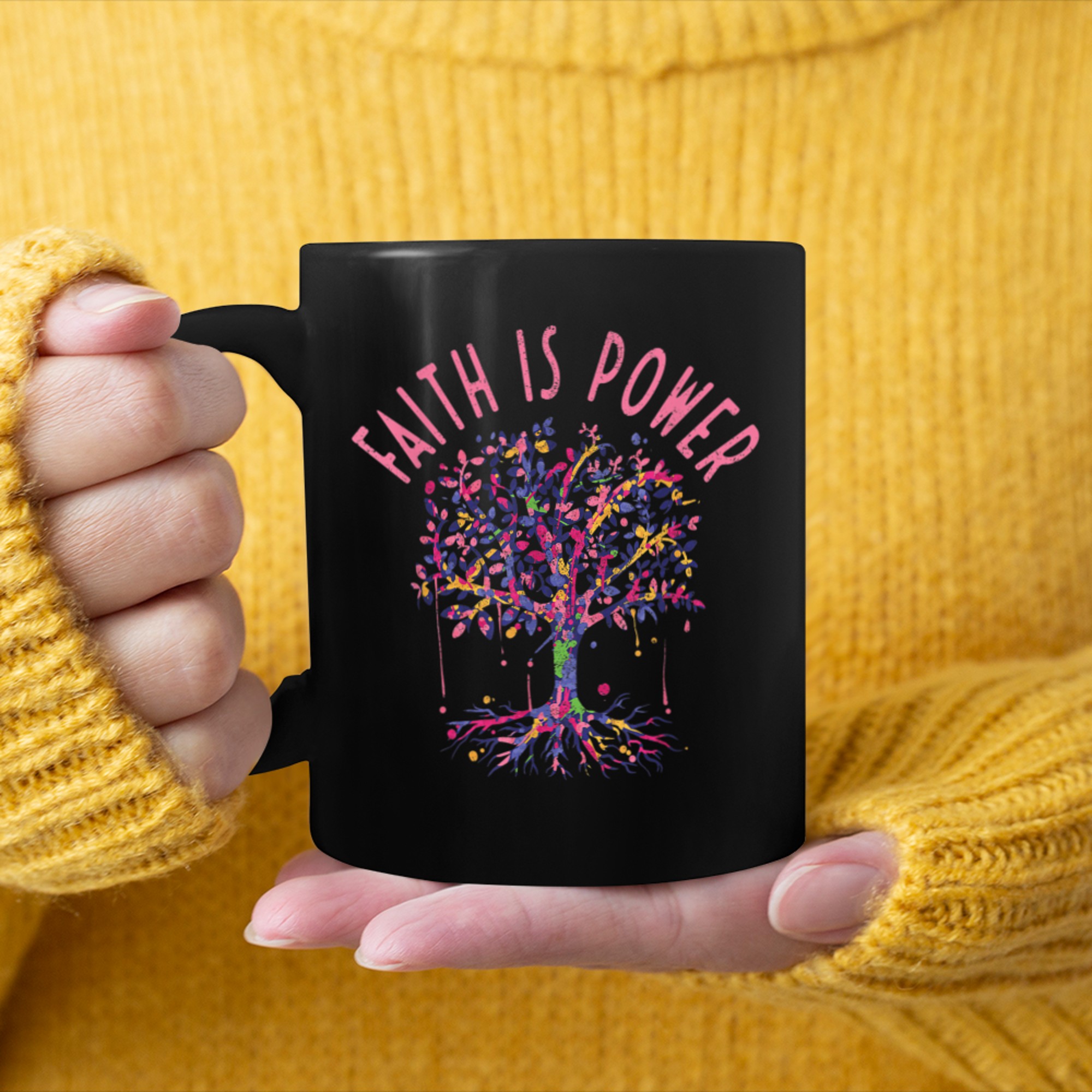 Spiritual Christian Quote Faith Is Power Tree Of Life mug black