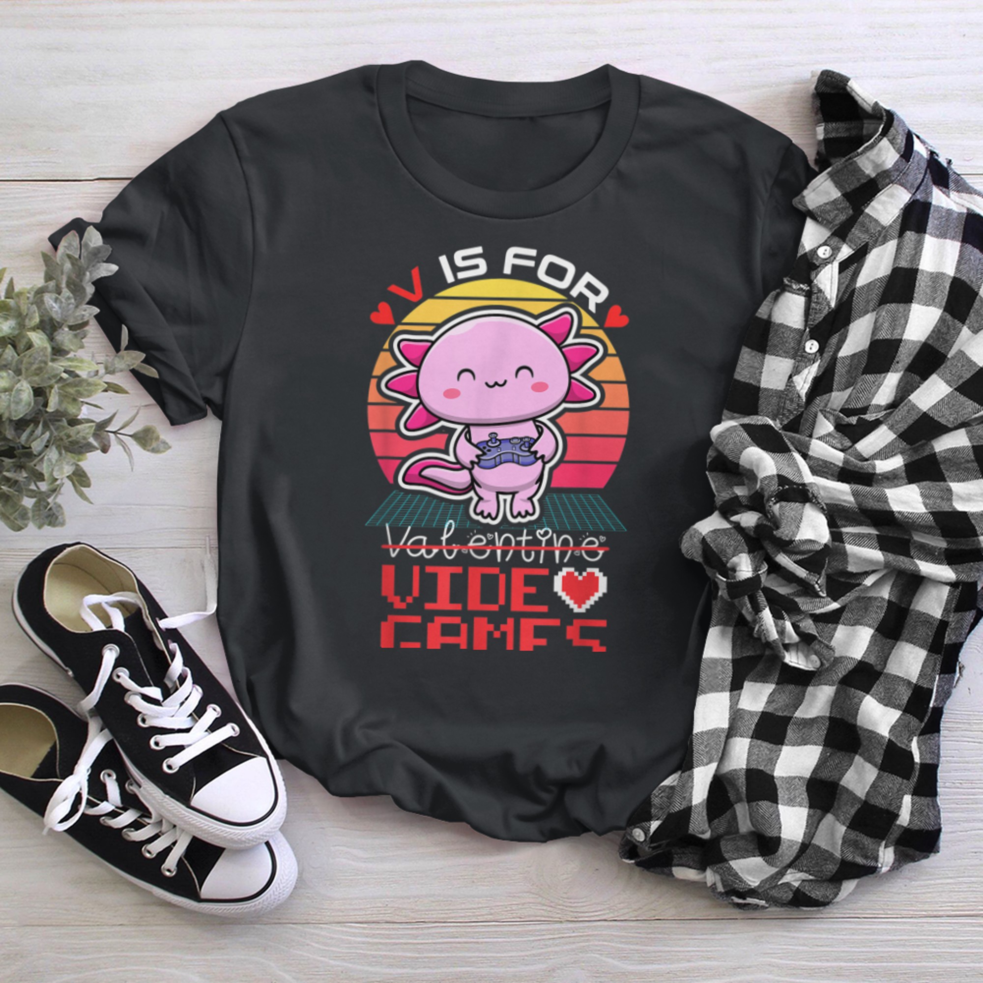 Axolotl V Is For Video Games Funny Gamer Valentines Day t-shirt black