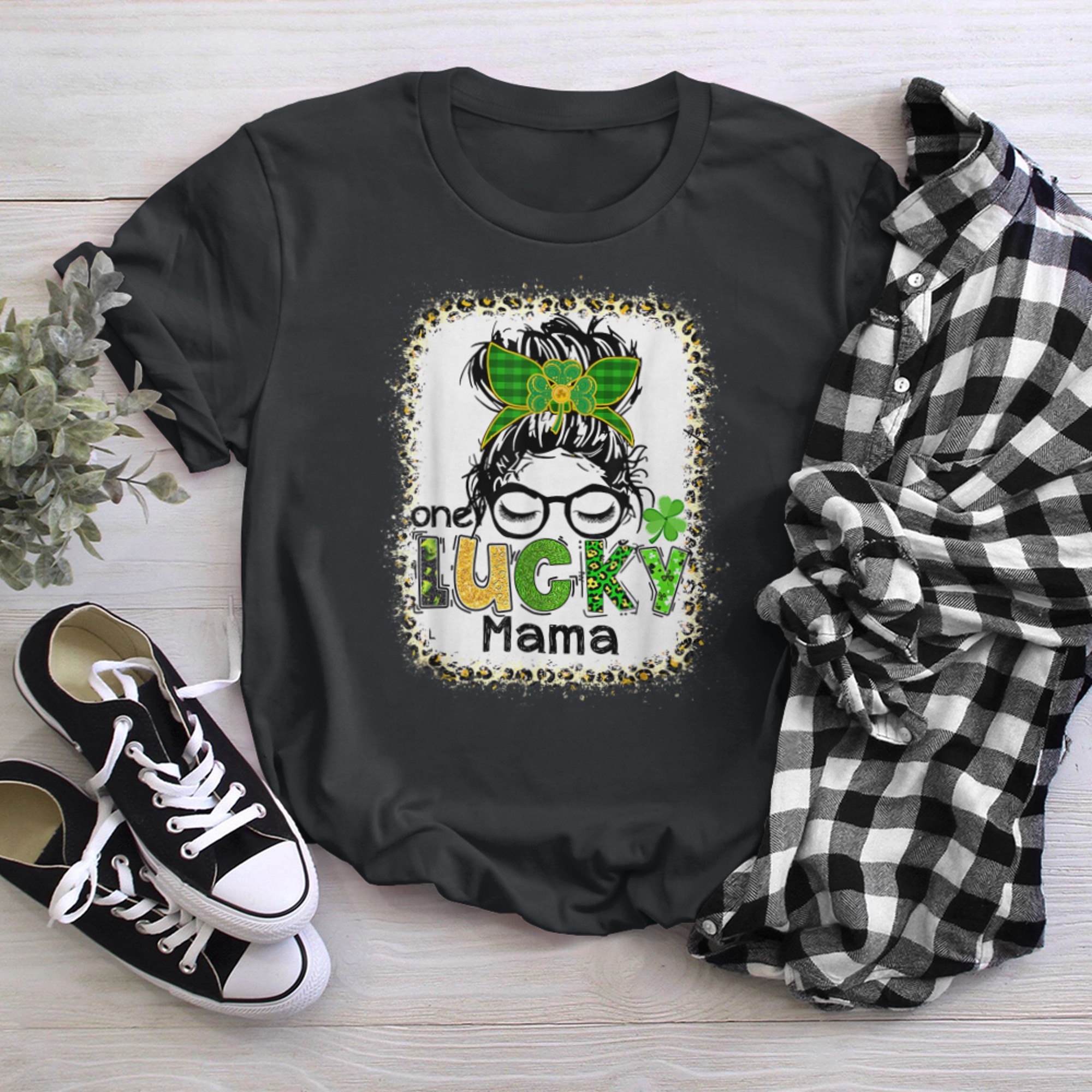 Blea.ched Leopard One Lucky Mama Messy Bun St Patrick's Day t-shirt black