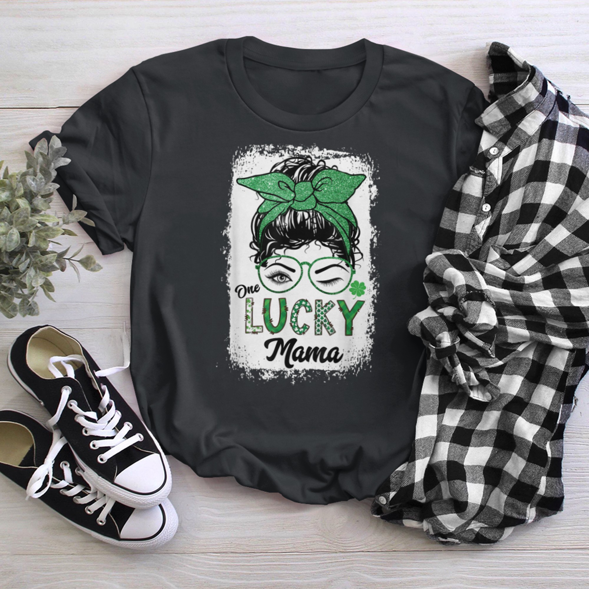 Blea.ched One Lucky Mama Tie Dye Messy Bun St Patricks Day t-shirt black