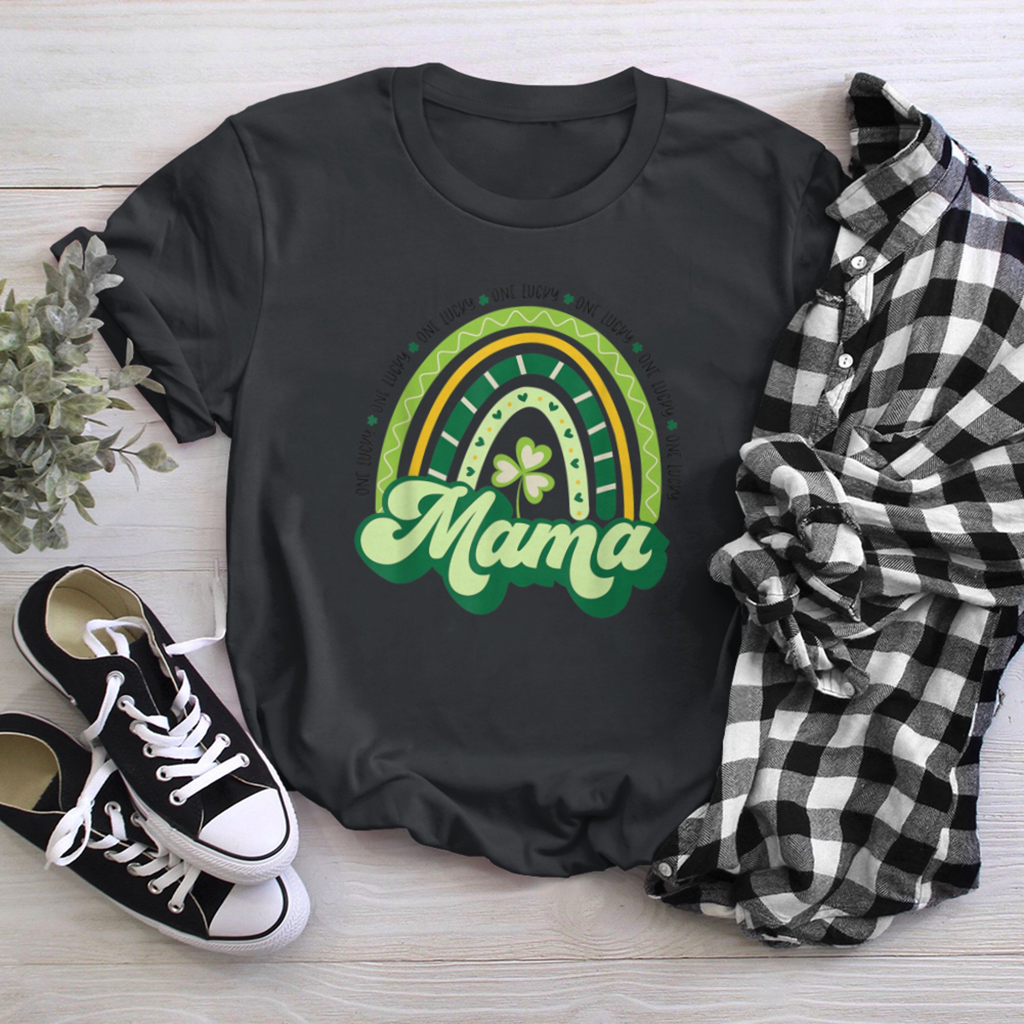 Boho Rainbow Shamrock One Lucky Mama St Patricks Day t-shirt black