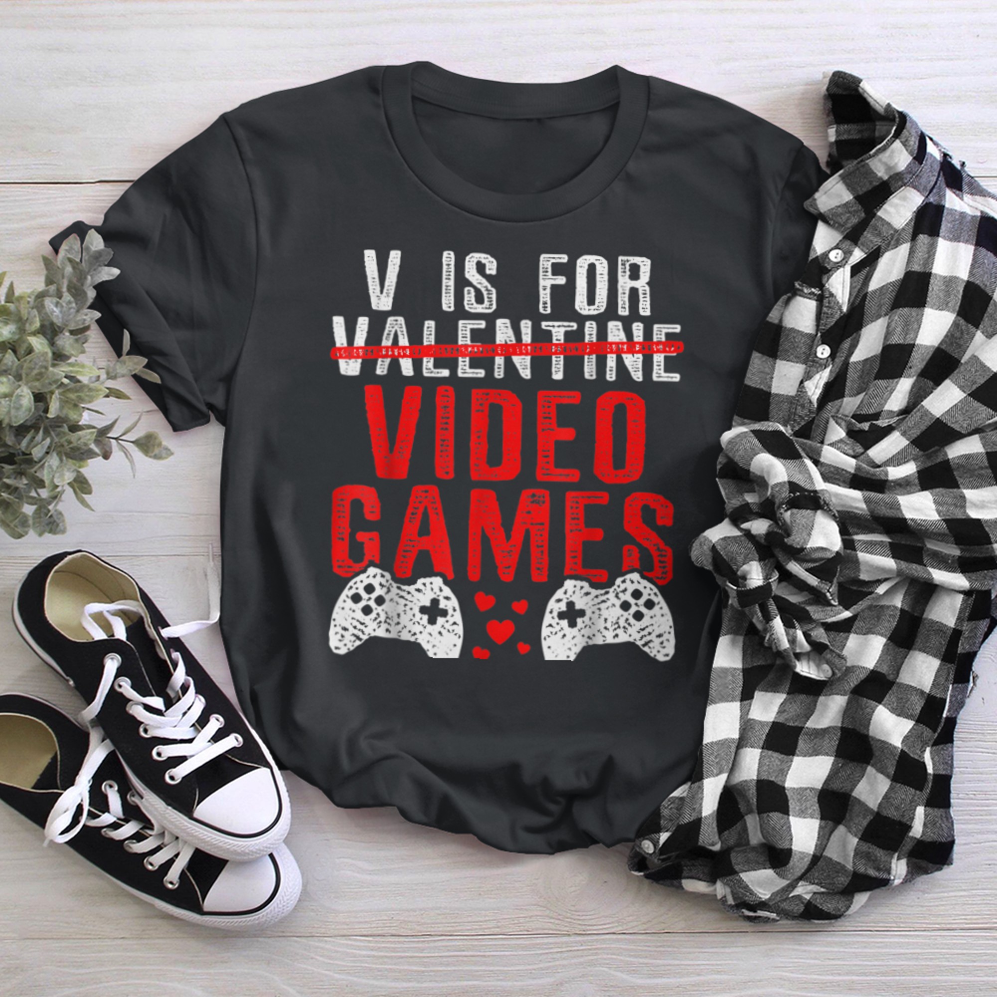 Boy Men V Is For Video Games Funny Valentines Day Gamer t-shirt black