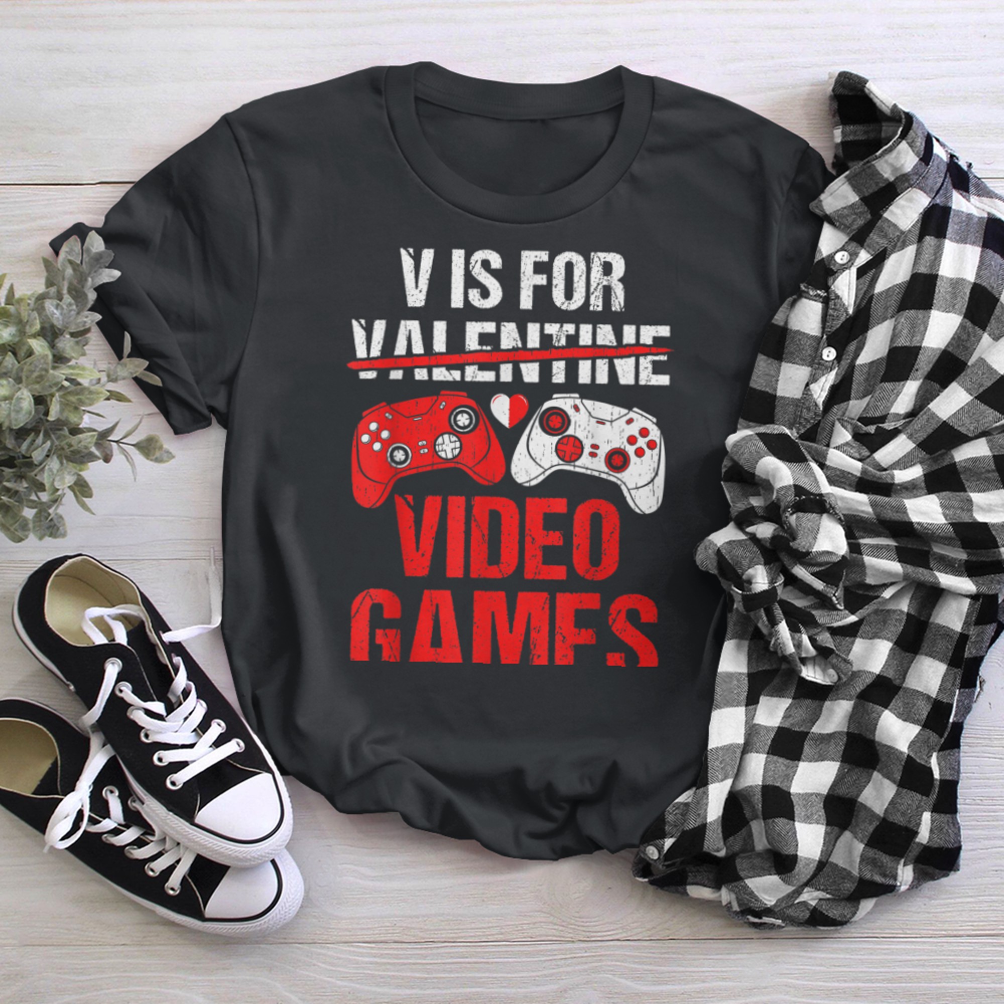 Boys Valentine's Day for Gamer V is for Video Games t-shirt black