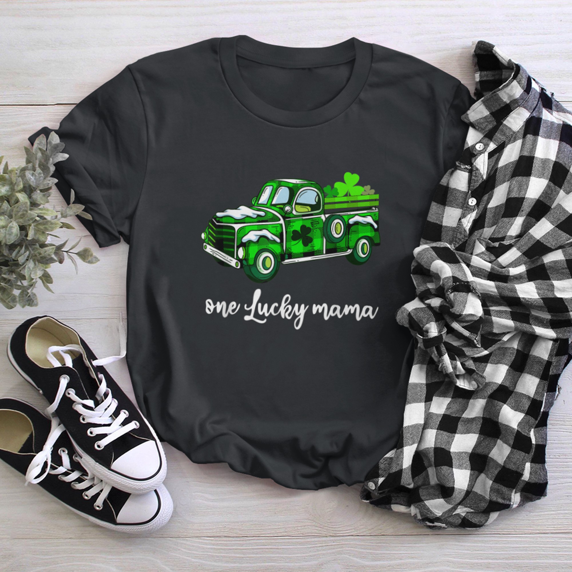 Buffalo Plaid Truck One Lucky MAMA St Patricks Day t-shirt black