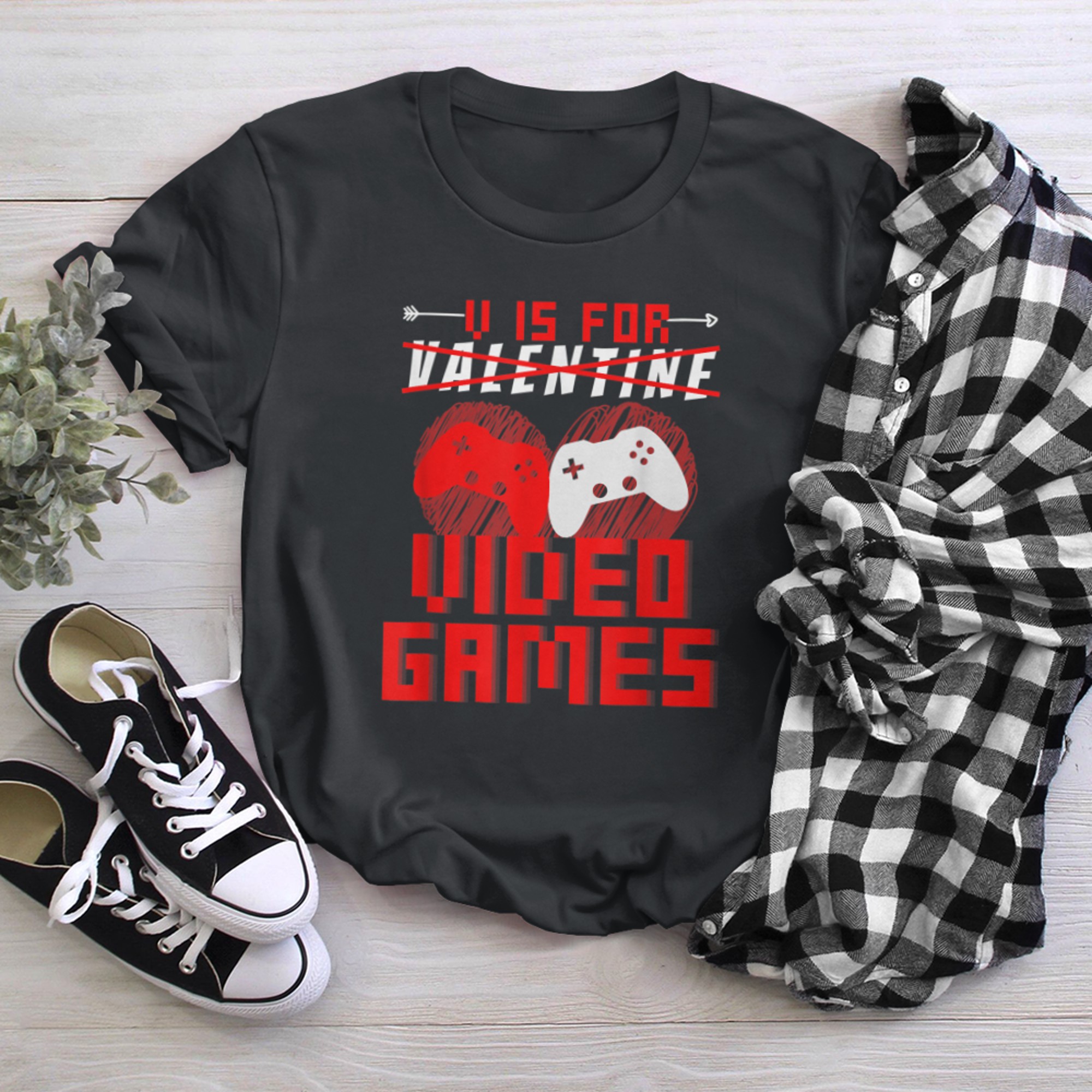 Funny Gamer V Is For Video Games Kids Boys Valentines Day t-shirt black