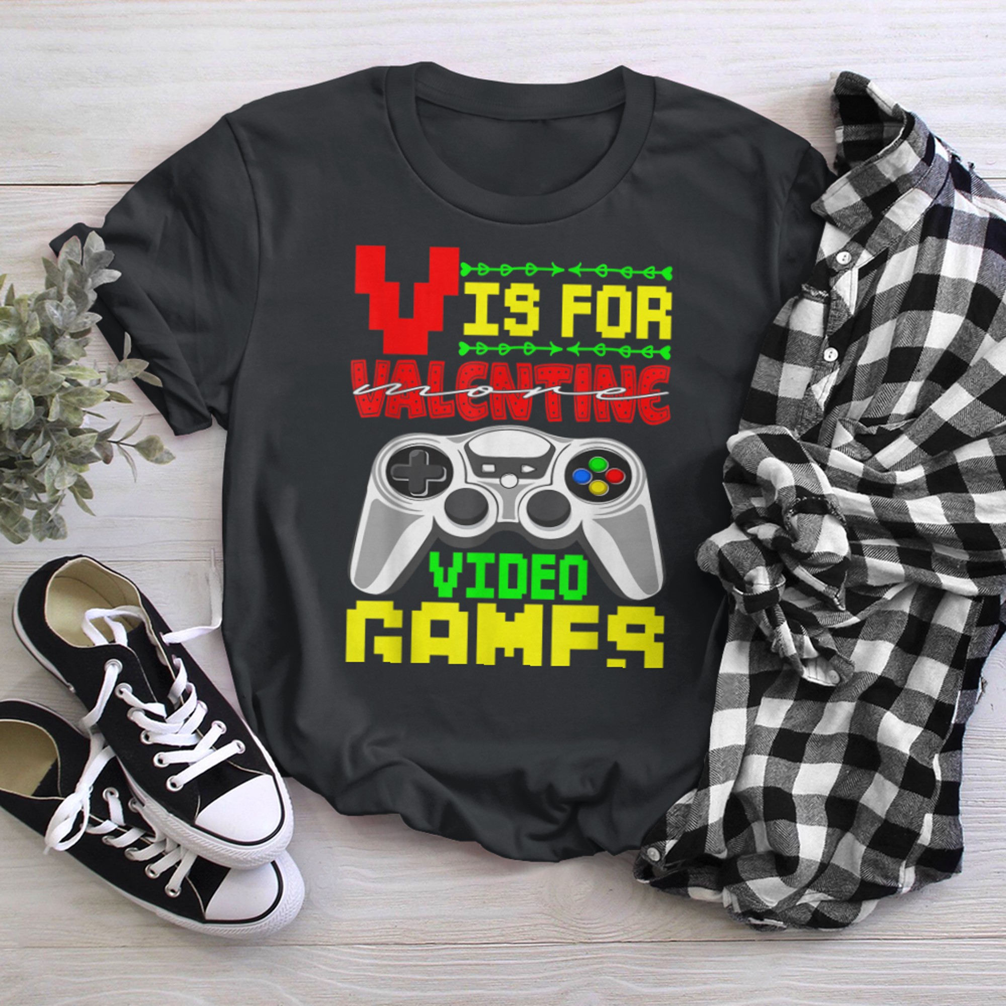 Funny Gamer V Is For Video Games Valentines Day Boys Kids t-shirt black