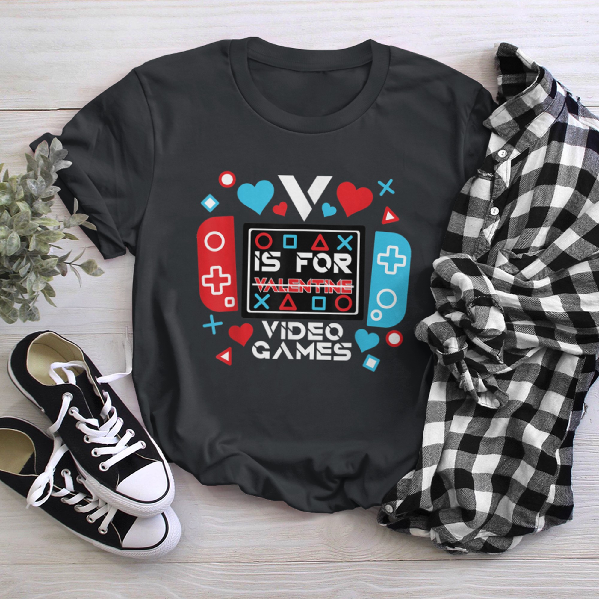 Funny gamer V Is For Video Games Valentines Day video gamer t-shirt black