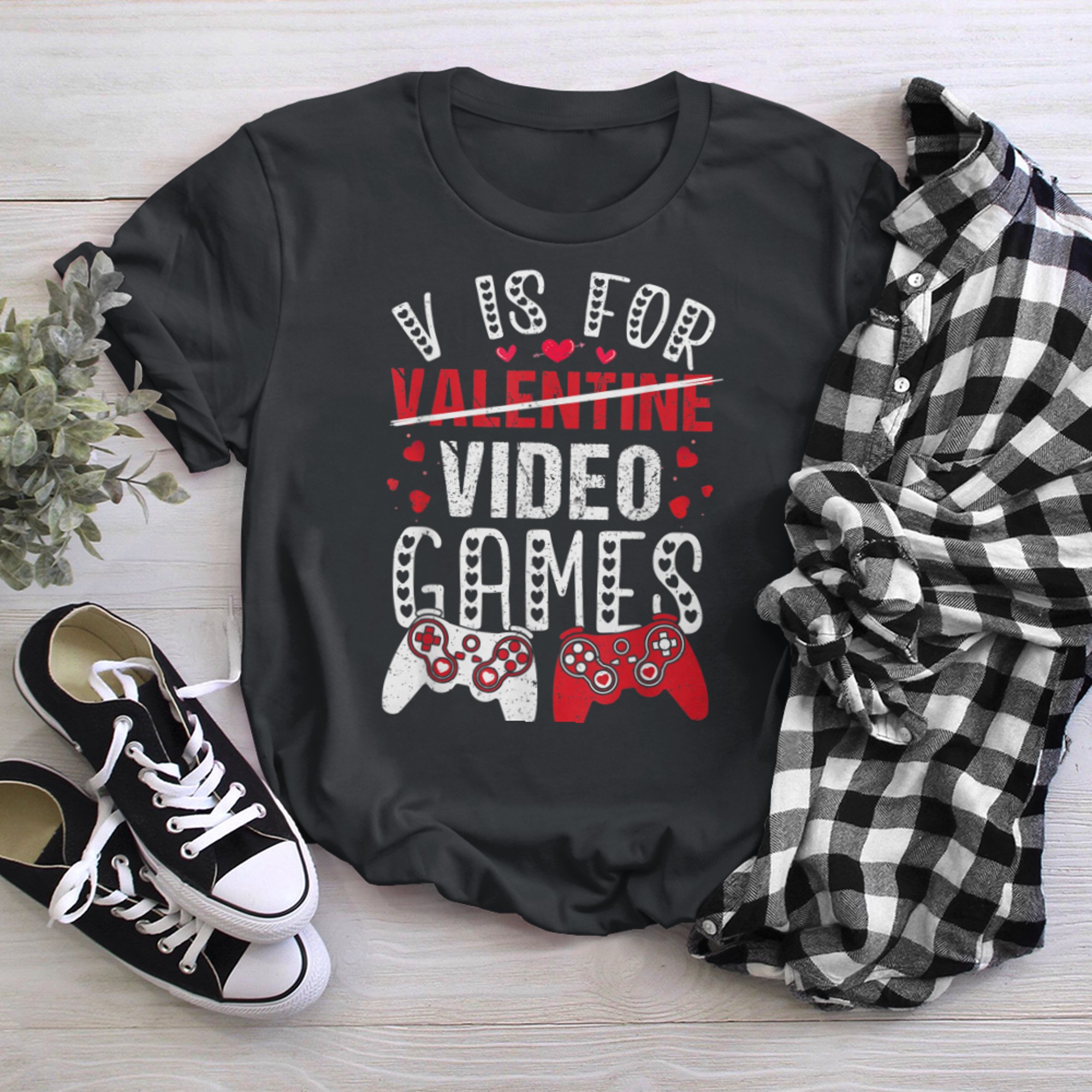 Funny Gamer Valentines Day V Is For Video Games Boys Girls t-shirt black