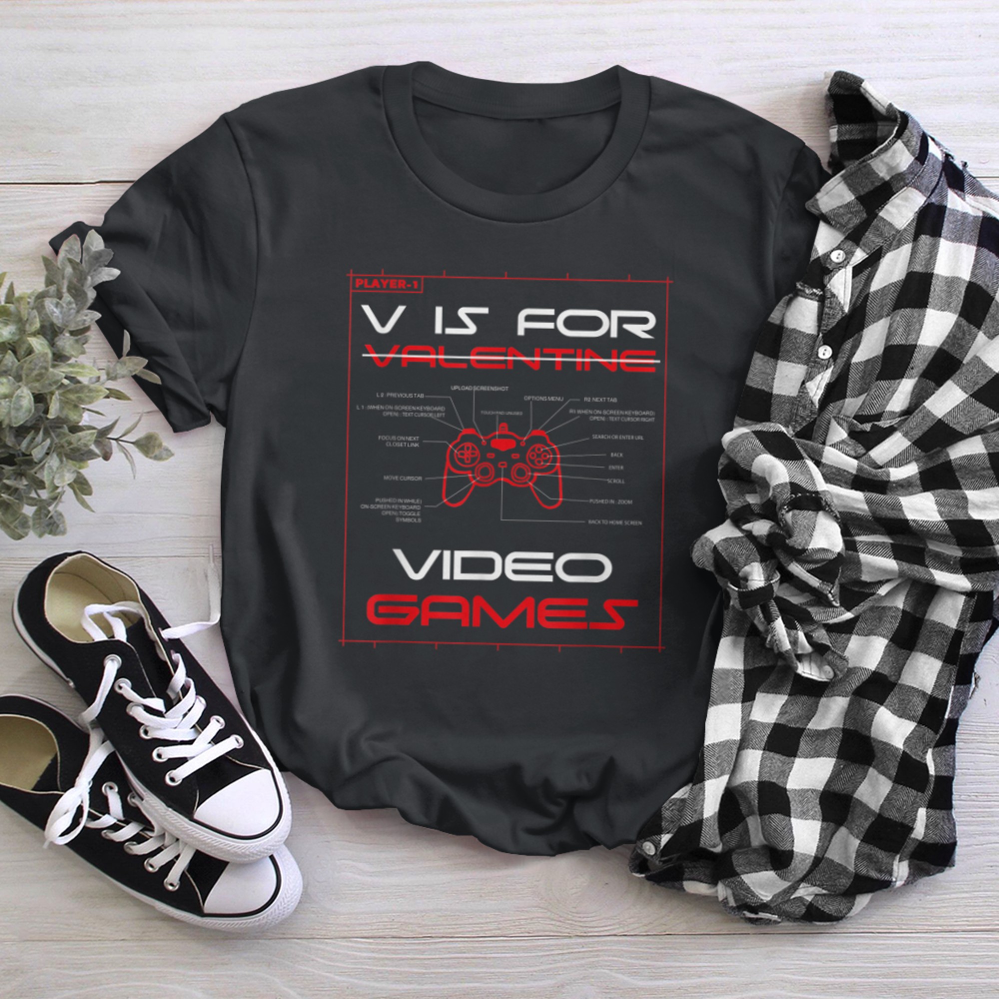 Funny V Is For Video Games controller anatomy Valentines Day t-shirt black