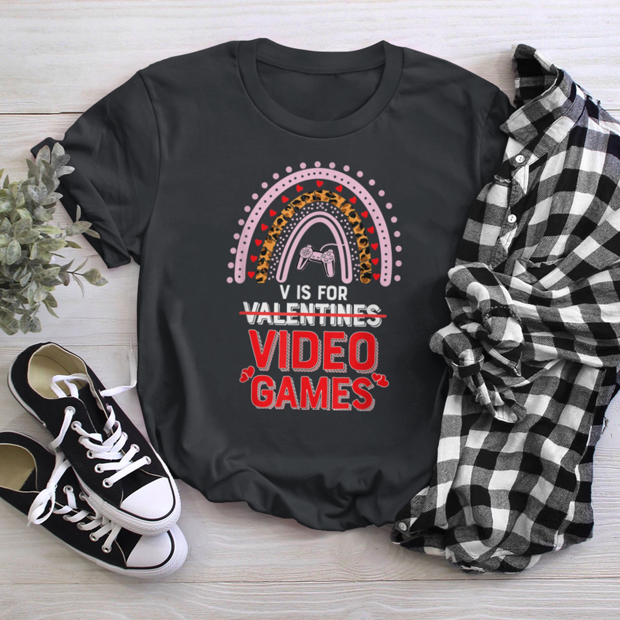 Funny V Is For Video Games Rainbow Valentines Day for Gamer t-shirt black