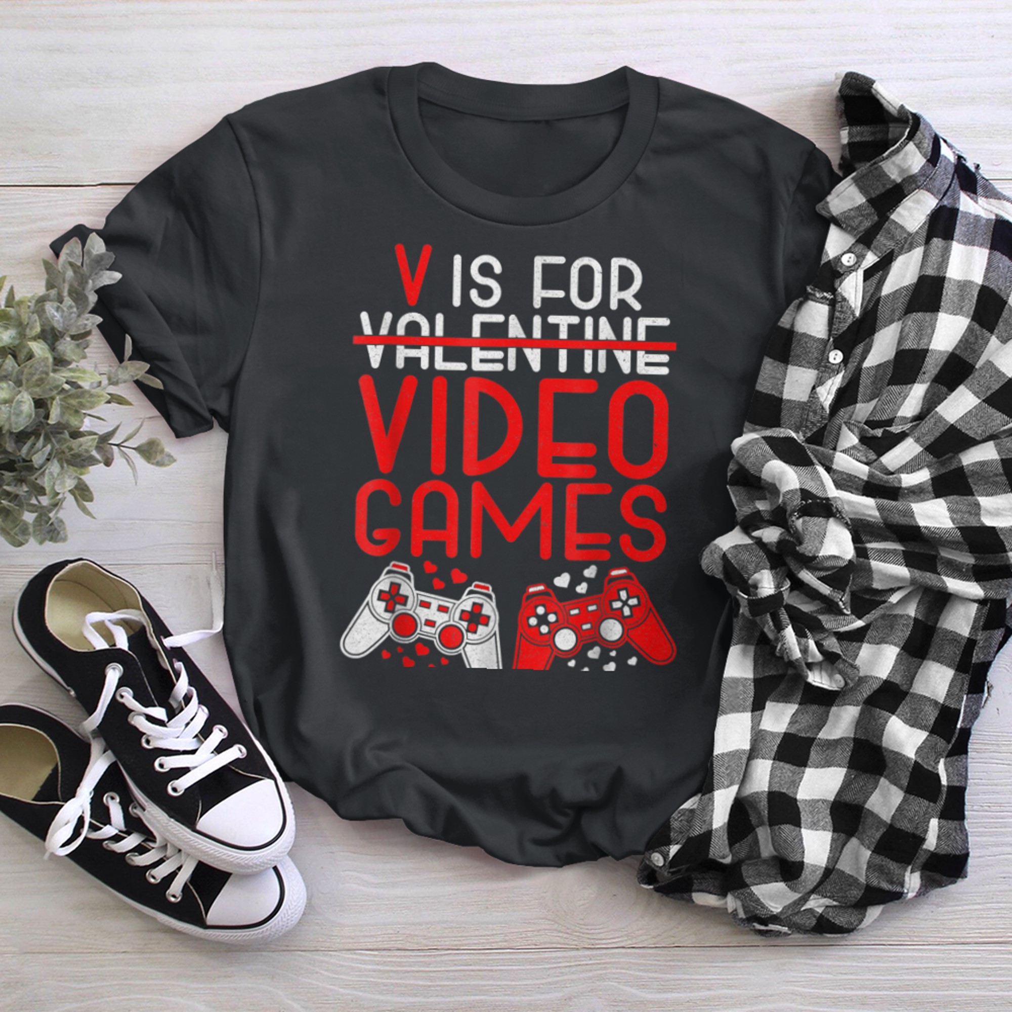 Funny Valentines Day Gamer Cute V Is For Video Games Gaming t-shirt black