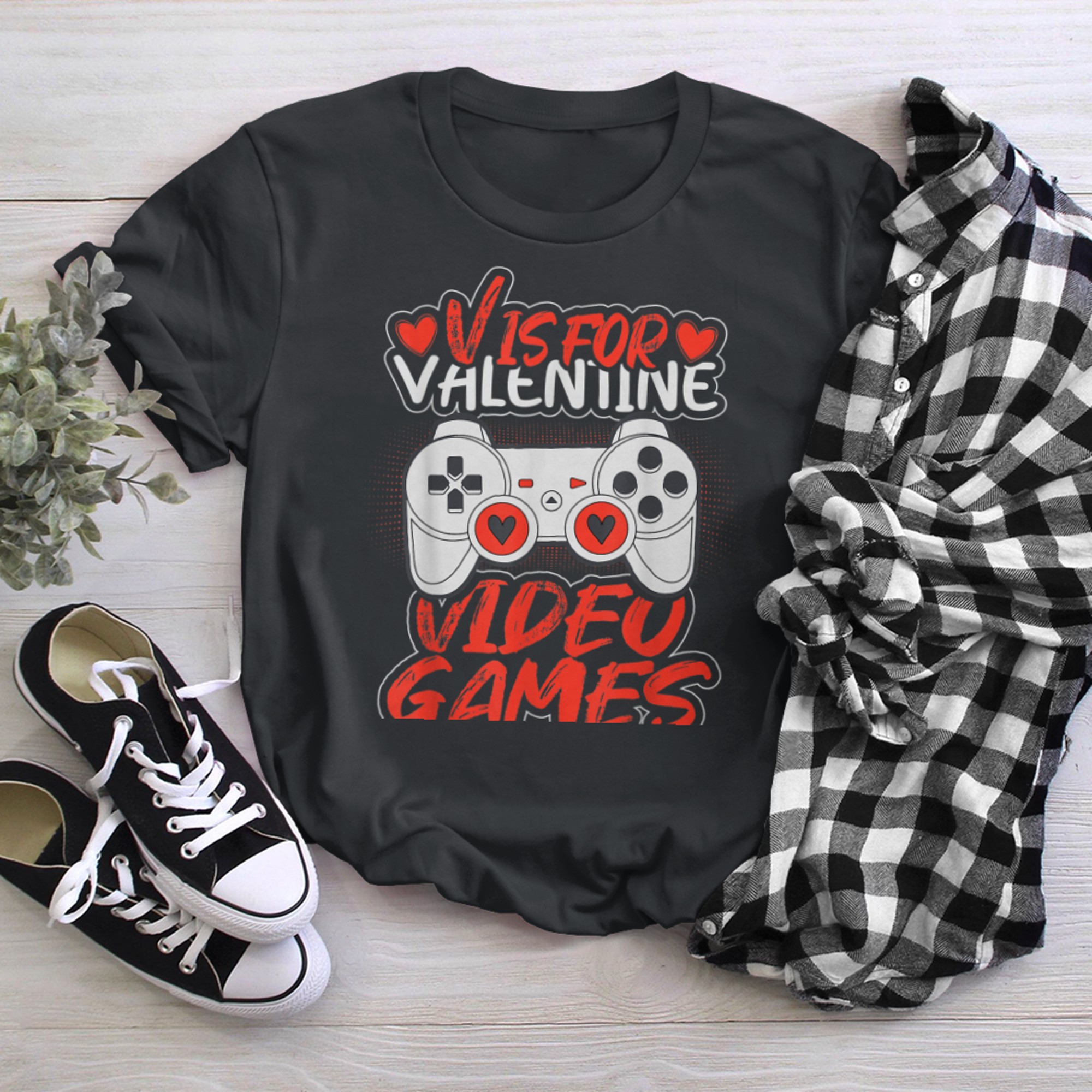 Funny Valentines Day Gamer V Is For Video Games Men Boys t-shirt black