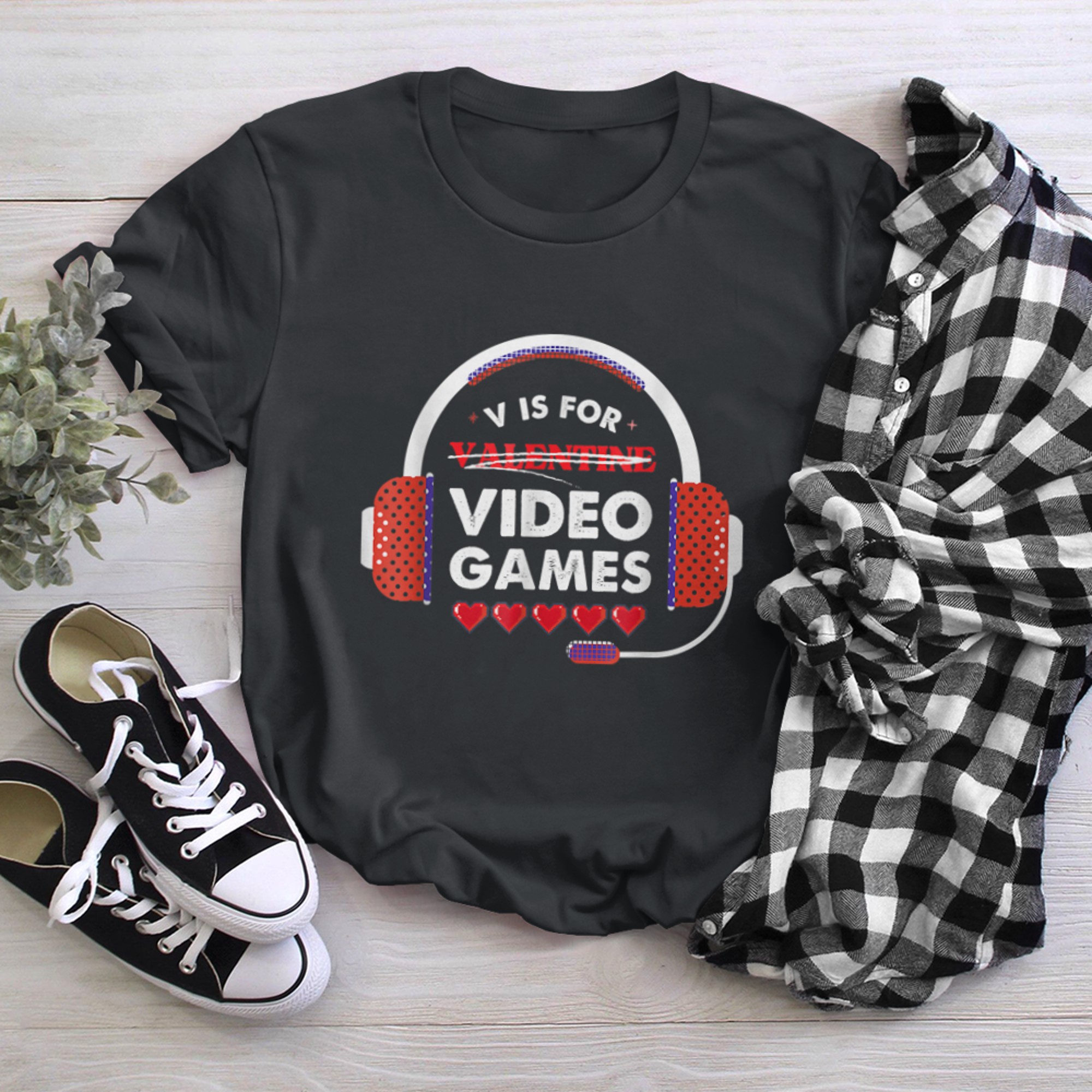 Funny Valentines Day V Is For Video Games Headphone Gamer t-shirt black