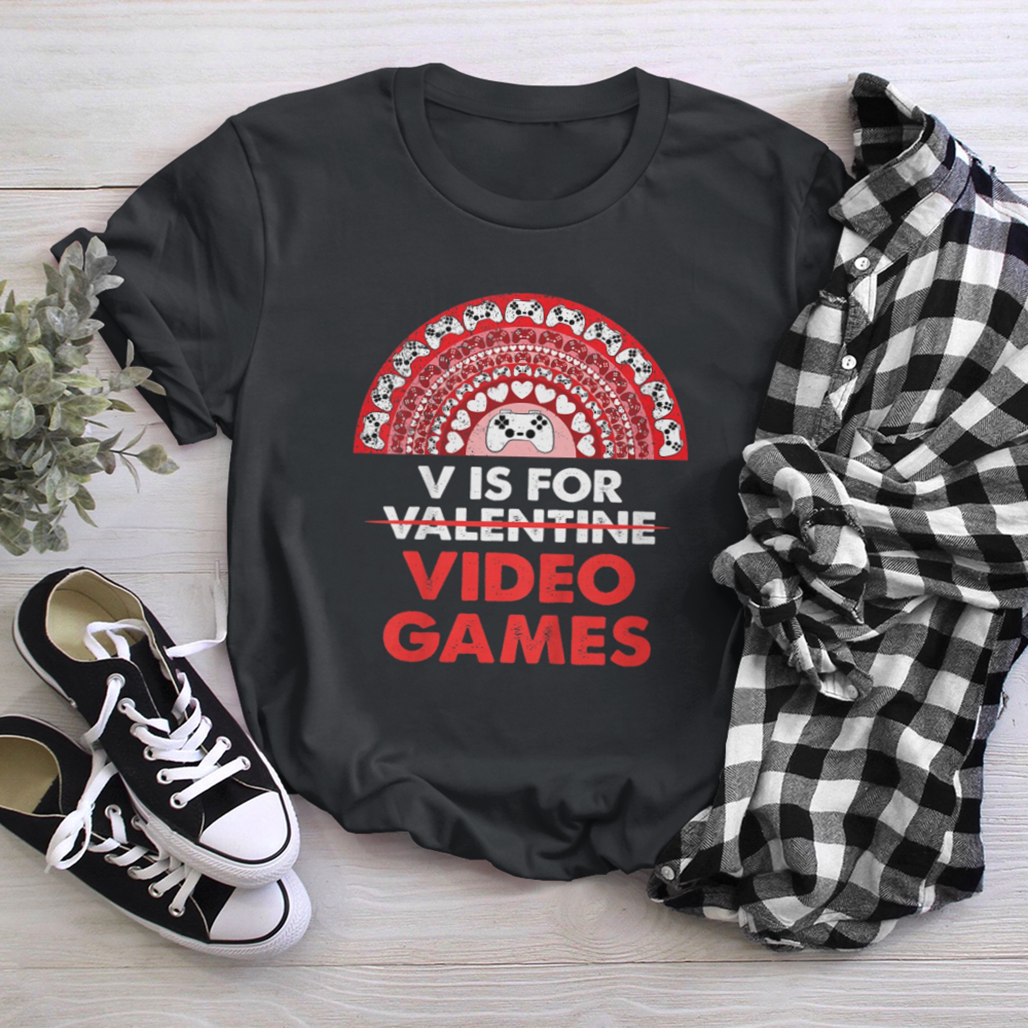 Kids V Is For Video Games Valentines Day Gaming Controller Gamer t-shirt black