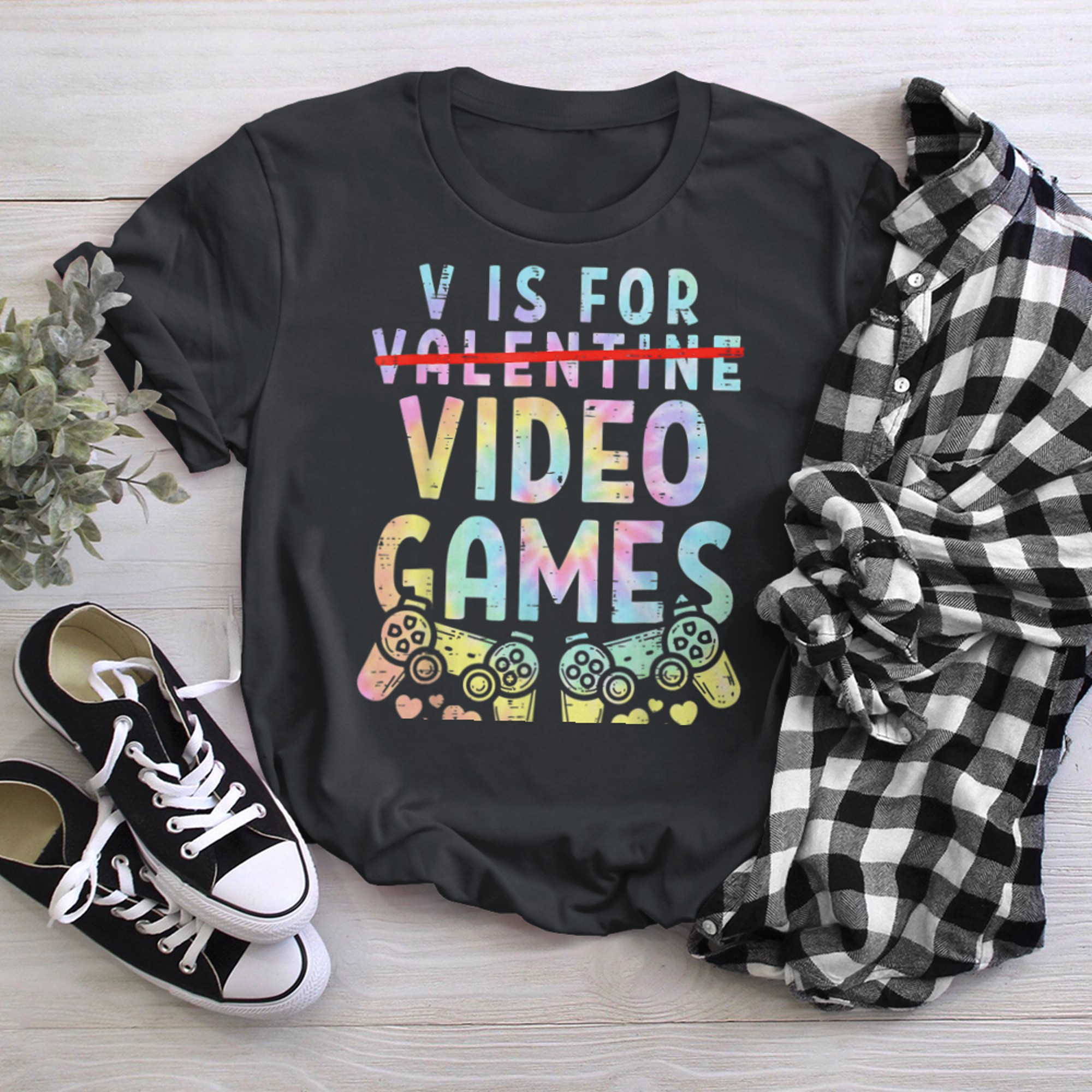 Tie Dye V Is For Video Games Funny Valentines Day Gamer Boy t-shirt black