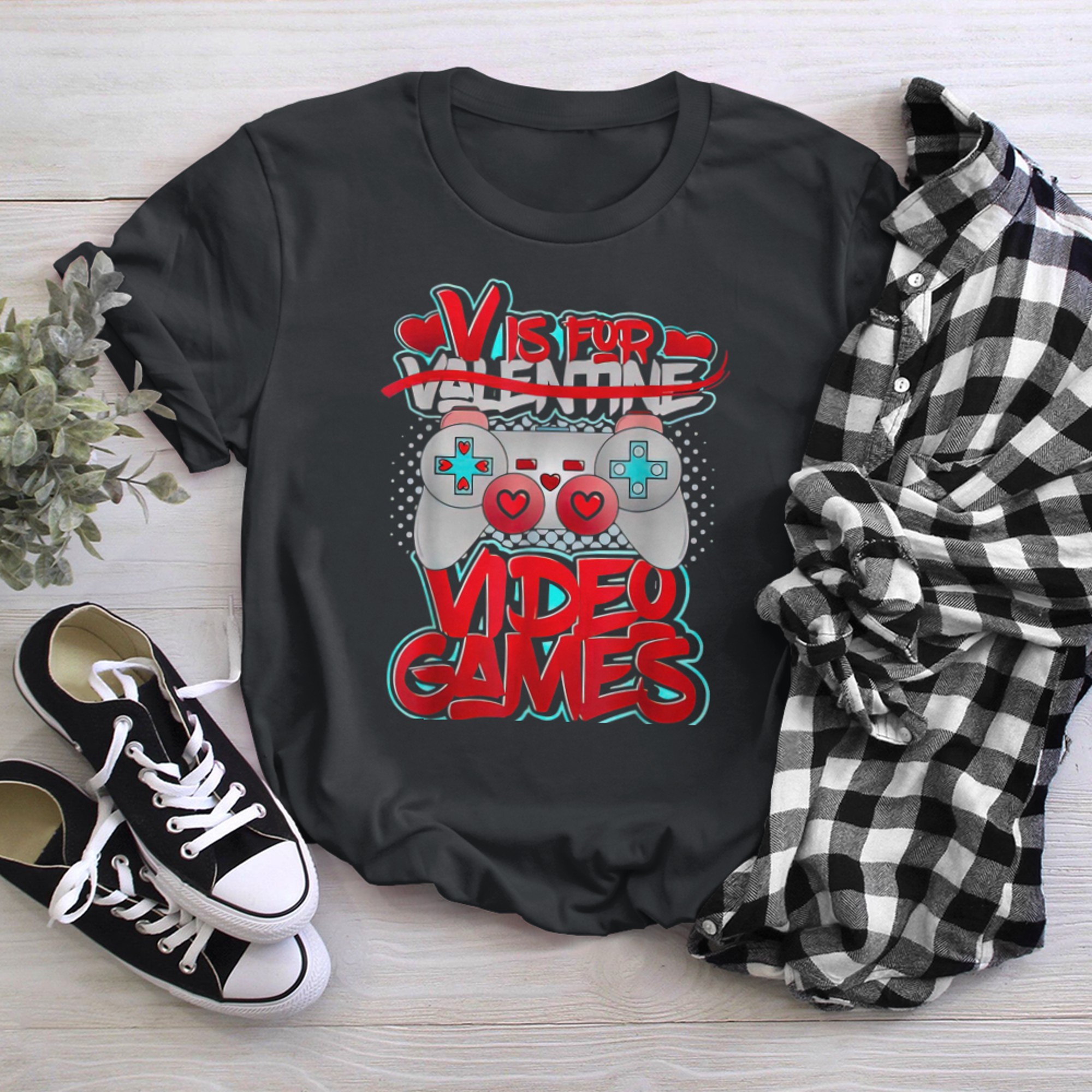 Unisex Funny V is for video games Single Gamer Valentine t-shirt black