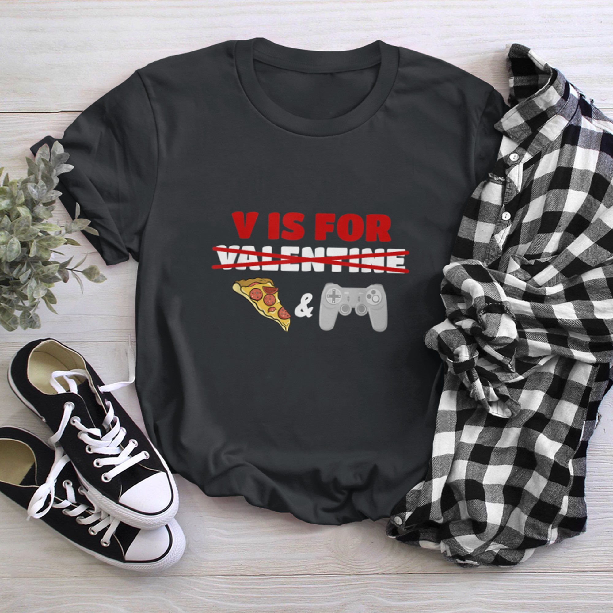 V Day Is for Pizza & Video Game Lovers t-shirt black