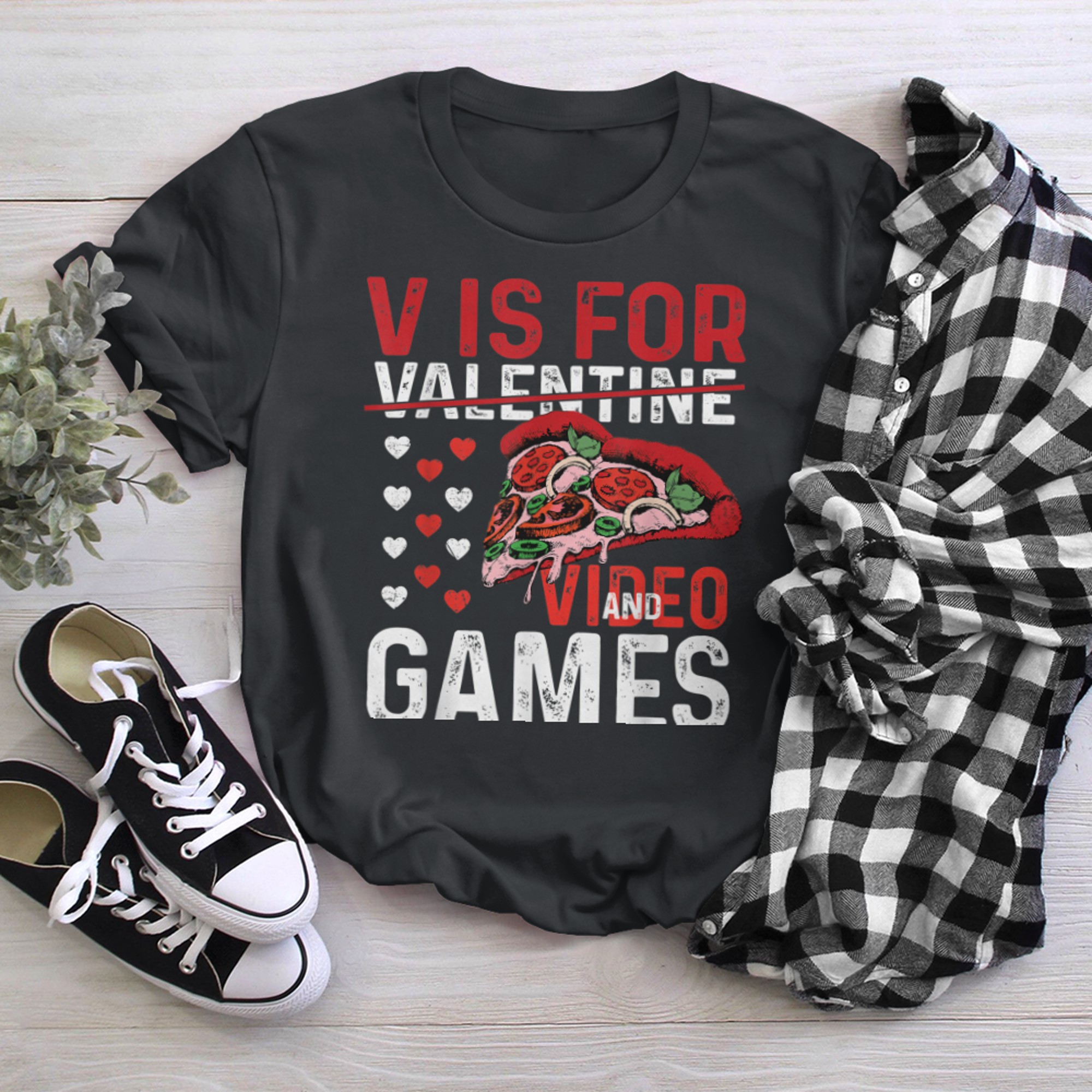 V Day Is for Pizza & Video Games Lovers Boy Men Girl t-shirt black