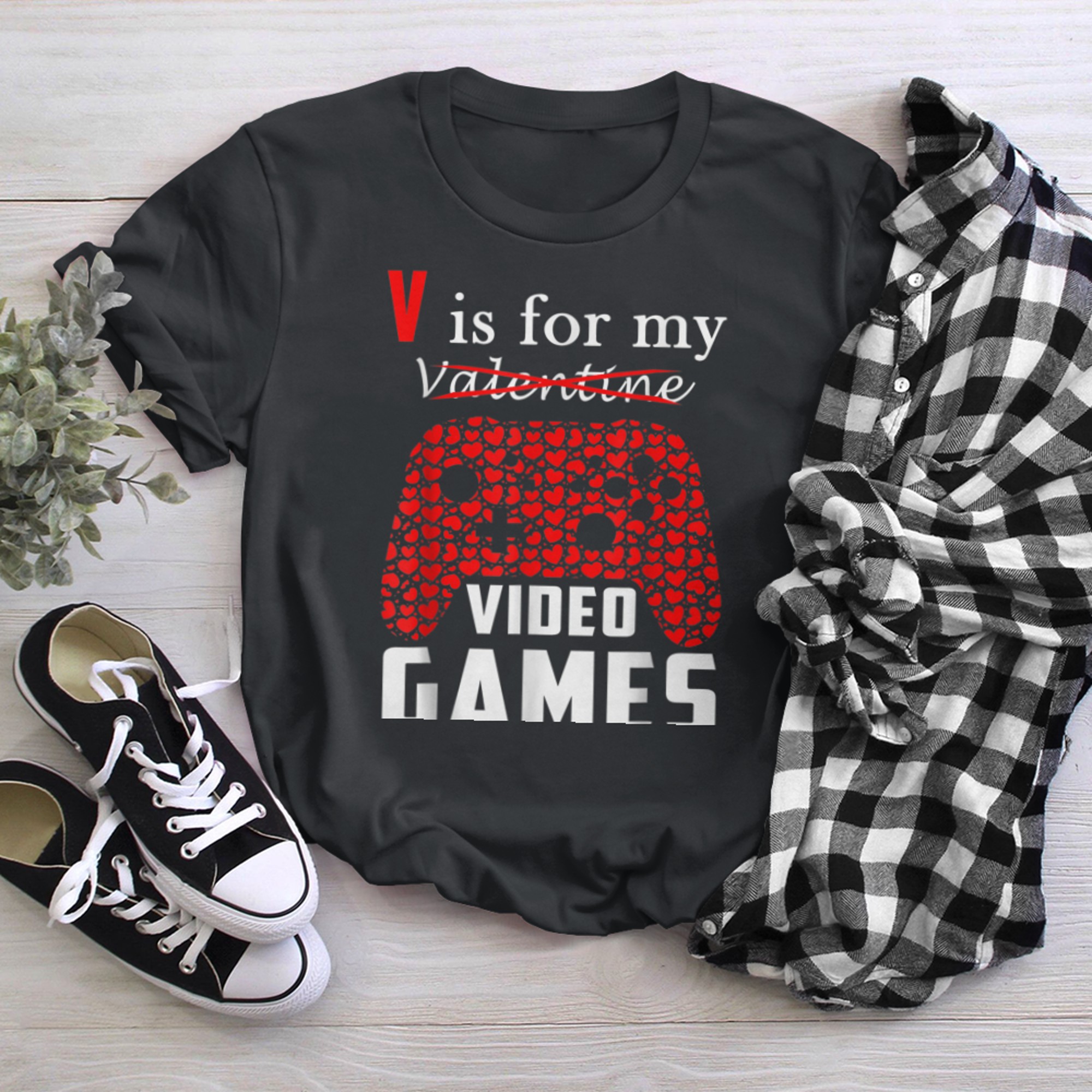 V Is For My Video Games Valentine's Day Funny Gamerss t-shirt black