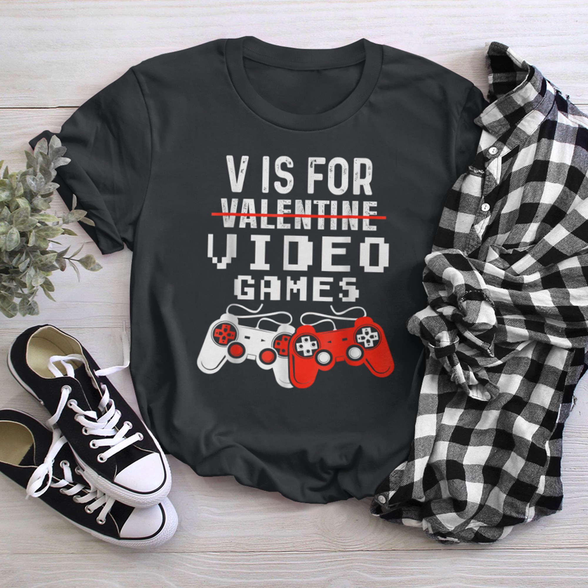 V Is For Valentine Video Games Controller Gaming Funny Gamer t-shirt black